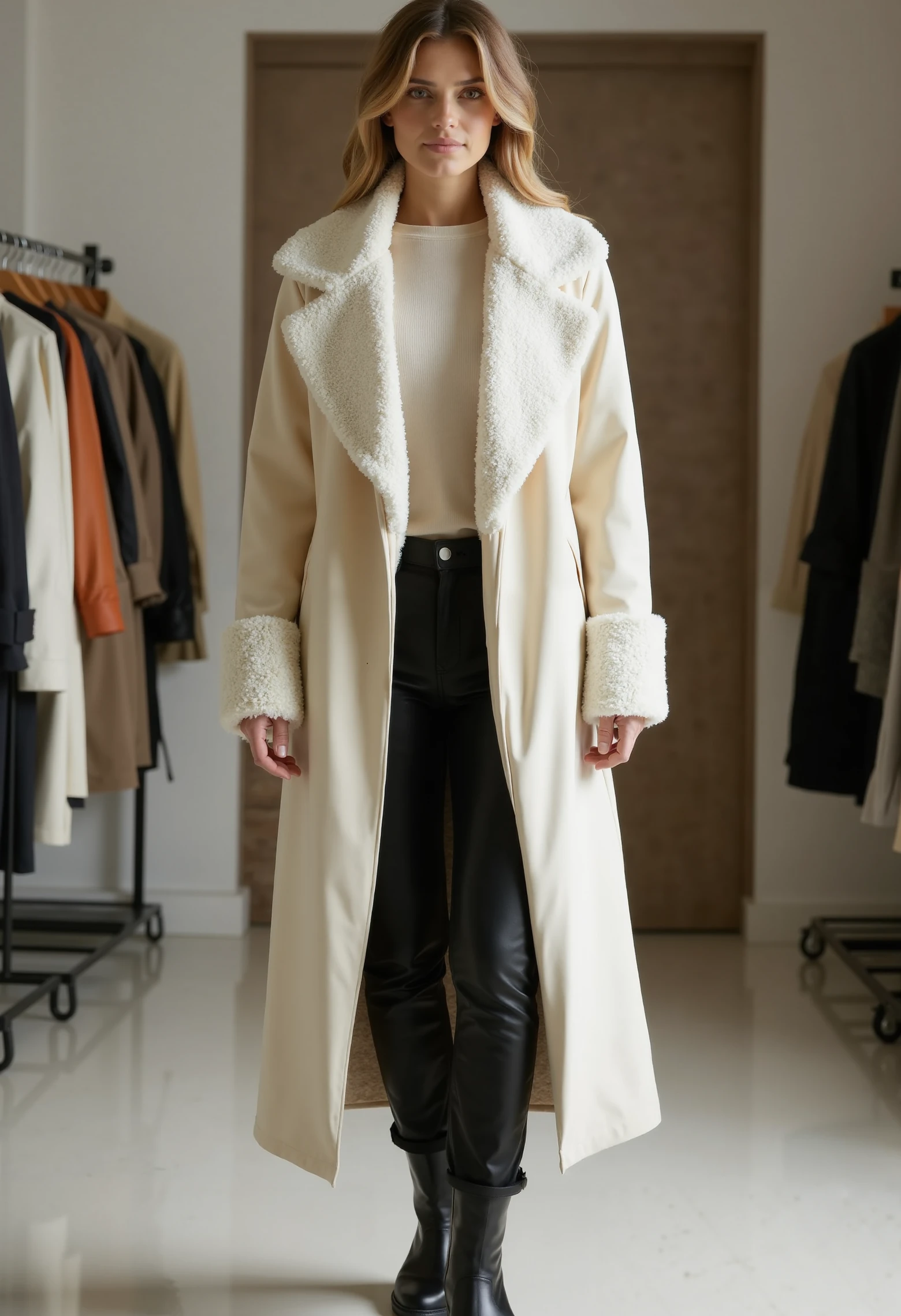 full body shot, beautiful woman, clo023, wearing a closed longline cream coat, shearling collar and cuffs, belted at the waist, sweater, black trousers, boots, posing in a detailed fashion store,