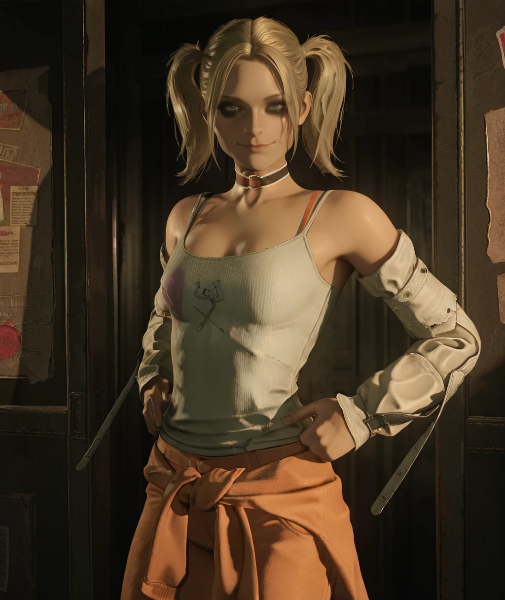 masterpiece, best quality, amazing quality, highres, absurdres, intricate details, realistic,  <lora:Harley_Quinn_Gotham_ILLUS-000008:0.8> , hq1, 1girl, solo, twintails, grey eyes,  blonde hair, detached sleeves, choker, tank top, bra strap, looking at viewer, light smile, portrait, black eyeshadow, hands on hips, clothes around waist, pants, cowboy shot,