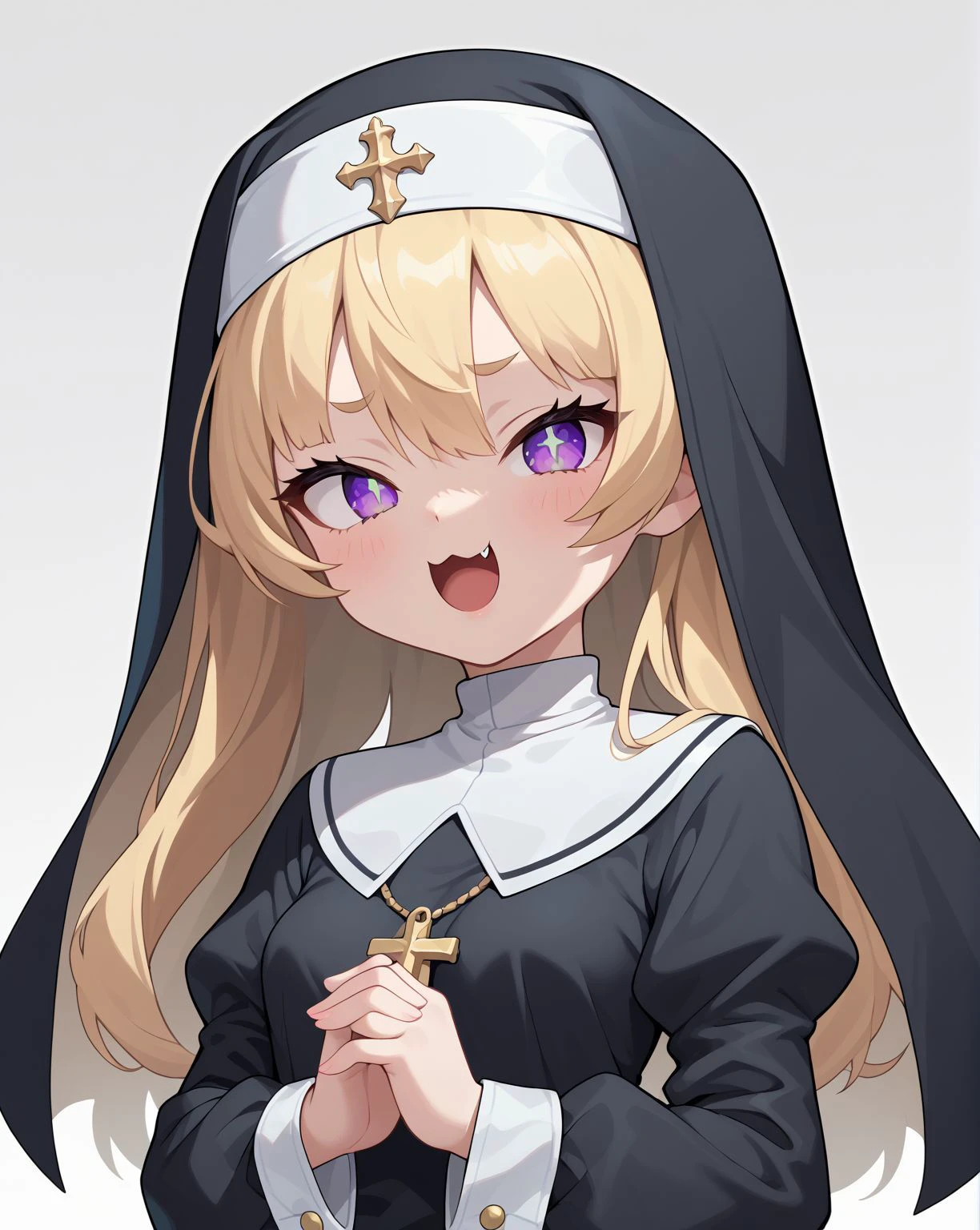 score_9, score_8_up, score_7_up, score_6_up, score_5_up, score_4_up , ,best quality, ultra detailed,outline, anime screencap,
1girl, blonde hair, two-tone hair, :3, skin fang, purple eyes, + +,
nun, habit, small breasts,
<lora:Bache_USS_Pony:1>