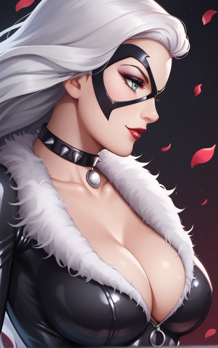score_9, score_8_up, score_7_up, BREAK
MARVEL_Felicia_BlackCat_ownwaifu,
1girl, black mask, blue eyes, domino mask, long hair, narrow waist, pale skin, red lips, spiked collar, toned, white hair, choker, collarbone, lipstick, makeup, breasts, large breasts, jewelry,
black bodysuit, fur-trimmed sleeves, fur trim, skin tight, white gloves, spikes, superhero, bodysuit, black choker, collar, cleavage, gloves, elbow gloves, long sleeves, covered navel,
(profile, portrait, round image), falling petals, red petals, wall, <lora:PONYXL_MARVEL_Felicia_BlackCat_ownwaifu:0.85>, solo,