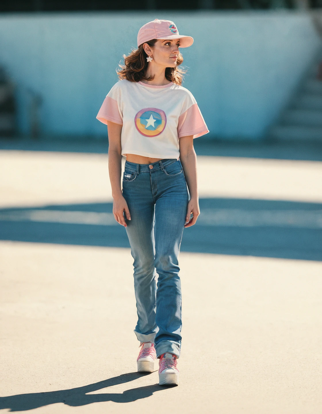 score_9, score_8_up, score_7_up, 
woman, wearing 90s fashion: pastel tight-fitting crop tee shirt, high-waisted bootcut flare wide leg jeans, pastel trucker hat, white platform sneakers
depth of field, highly detailed, high contrast, film grain, Rim Lighting
<lora:tina_fey-Pony_v2-000001:0.7>