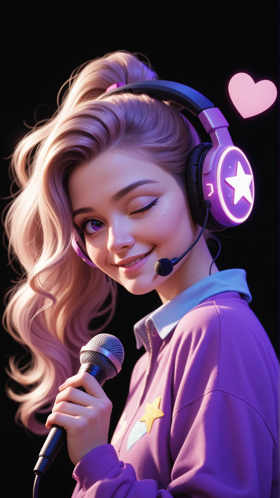 acore_9, score_8_up, score_7_up, score_6_up, score_5_up, score_4_up, a woman, ponytail, bloonde, uwu, wink, long hair, portrait, floating hearts, black background, purple neon grading, popstar, microphone, headphones