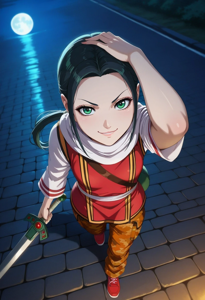 masterpiece, best quality, intricate details, (photorealistic:0.6), looking at viewer, , 1girl, solo, <lora:qiang_lei_ilxl:0.98>, qiang_lei, black hair, green eyes, long hair, low ponytail, , aged down, sword, from above, stone road, night, full moon, arm up, smirk, Lace Ruby Camo cargo pants, Dress vest, Driving shoes, , andRucksack with Hydration System