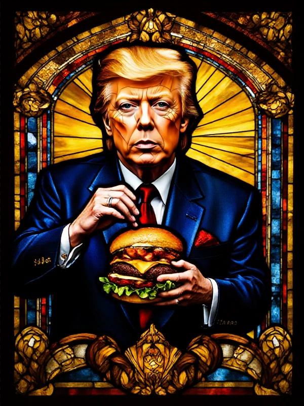 <lora:Stained_Glass_Style:0.9>Stained Glass Style of Donald Trump holding a hamburger dripping ketchup