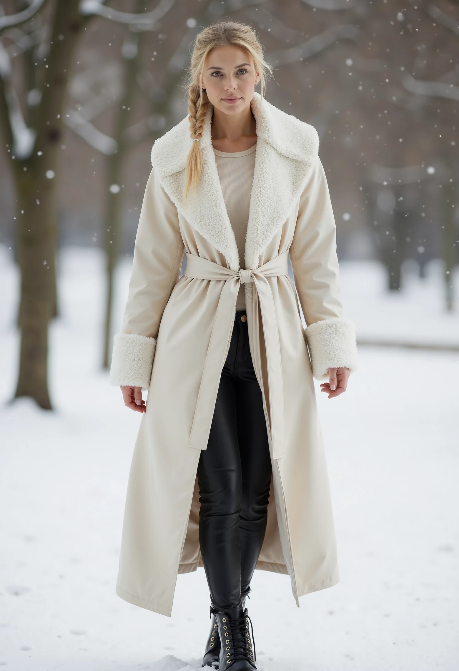 full body shot, beautiful woman, blond braided ponytail, clo023, wearing a closed longline cream coat, shearling collar and cuffs, belted at the waist, black trousers, warm boots, walking in the snow in a park, snowing