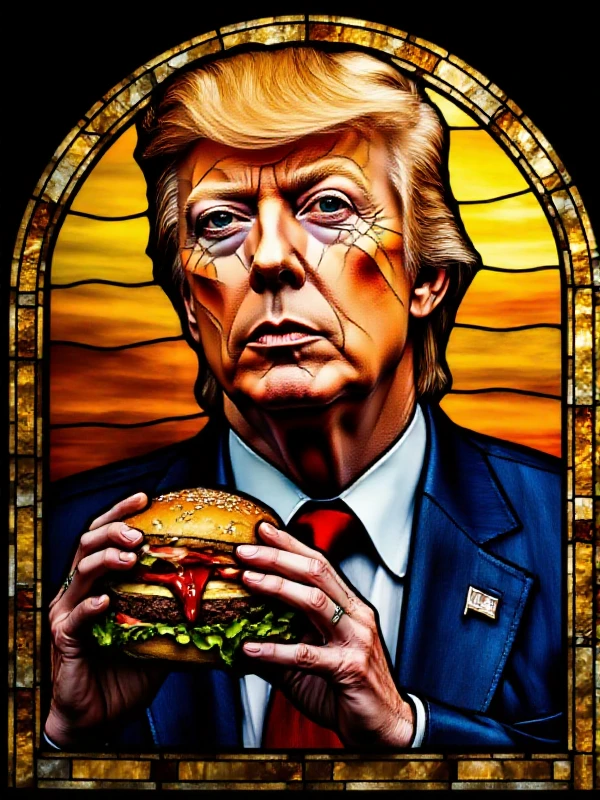 <lora:Stained_Glass_Style:0.9>Stained Glass Style of Donald Trump holding a hamburger dripping ketchup