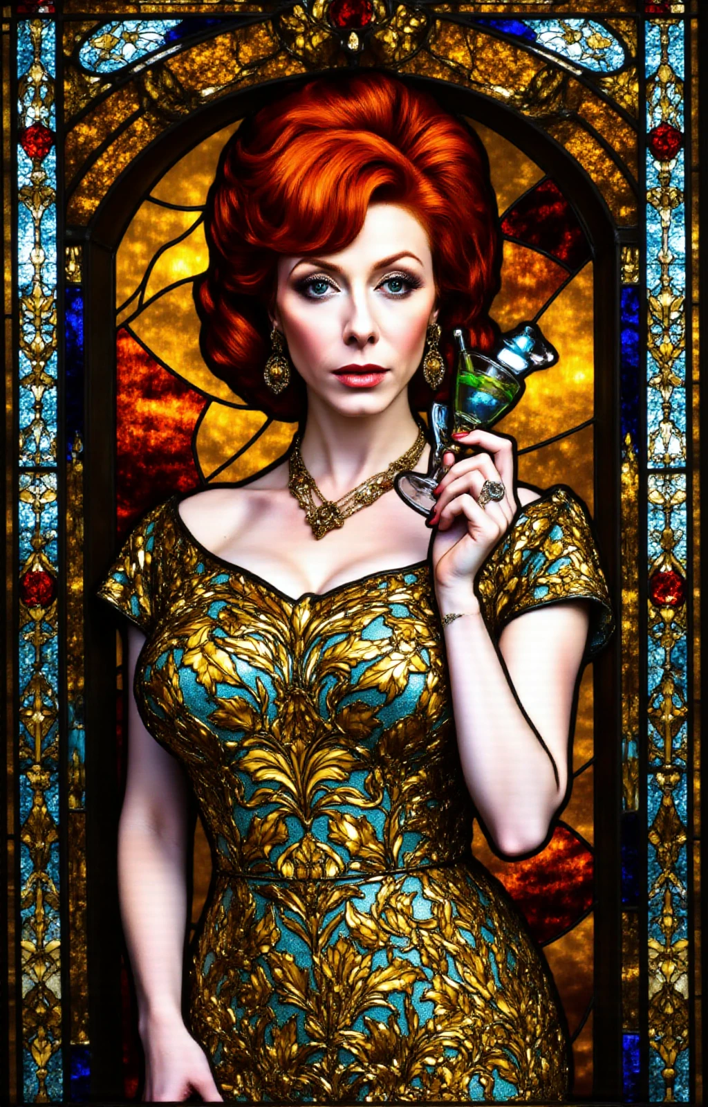 <lora:Stained_Glass_Style:0.9>Stained Glass Style of Joan Holloway, a redhead woman holding a cocktail<lora:Joan_Holloway:0.9>