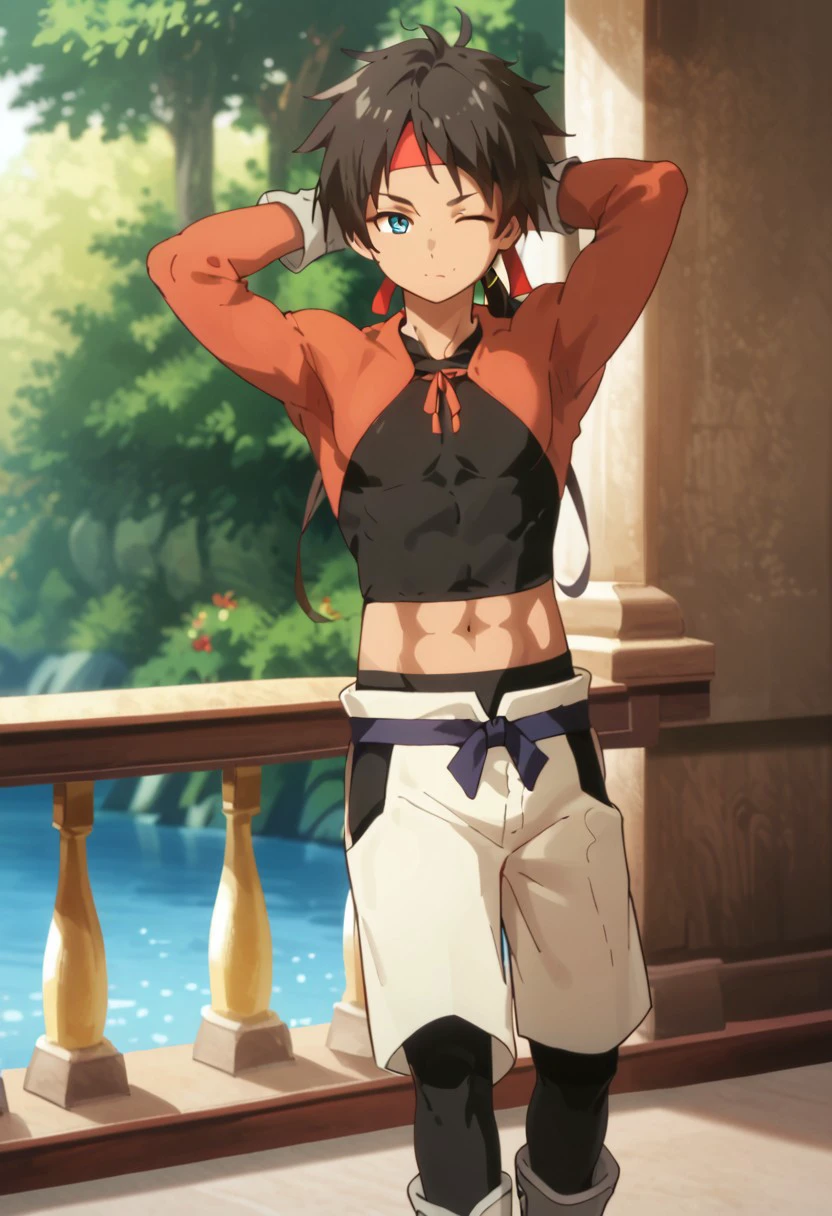 score_9, score_8_up, score_7_up, score_6_up, highly detailed,Good Colors, Good Shading, Good Eyes, Contrast Shading, male focus, slim, skinny, slim body, young man, correct anatomy, 1boy, alone, Dian, black hair, blue eyes, tanned skin, abs, ponytail, red bandana, red and black crop top, gray gloves, white pants, black tights, gray boots, grinning, hands behind head