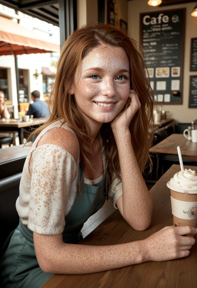 score_9, score_8_up, score_7_up, score_6 freckled woman in a cafe light smile