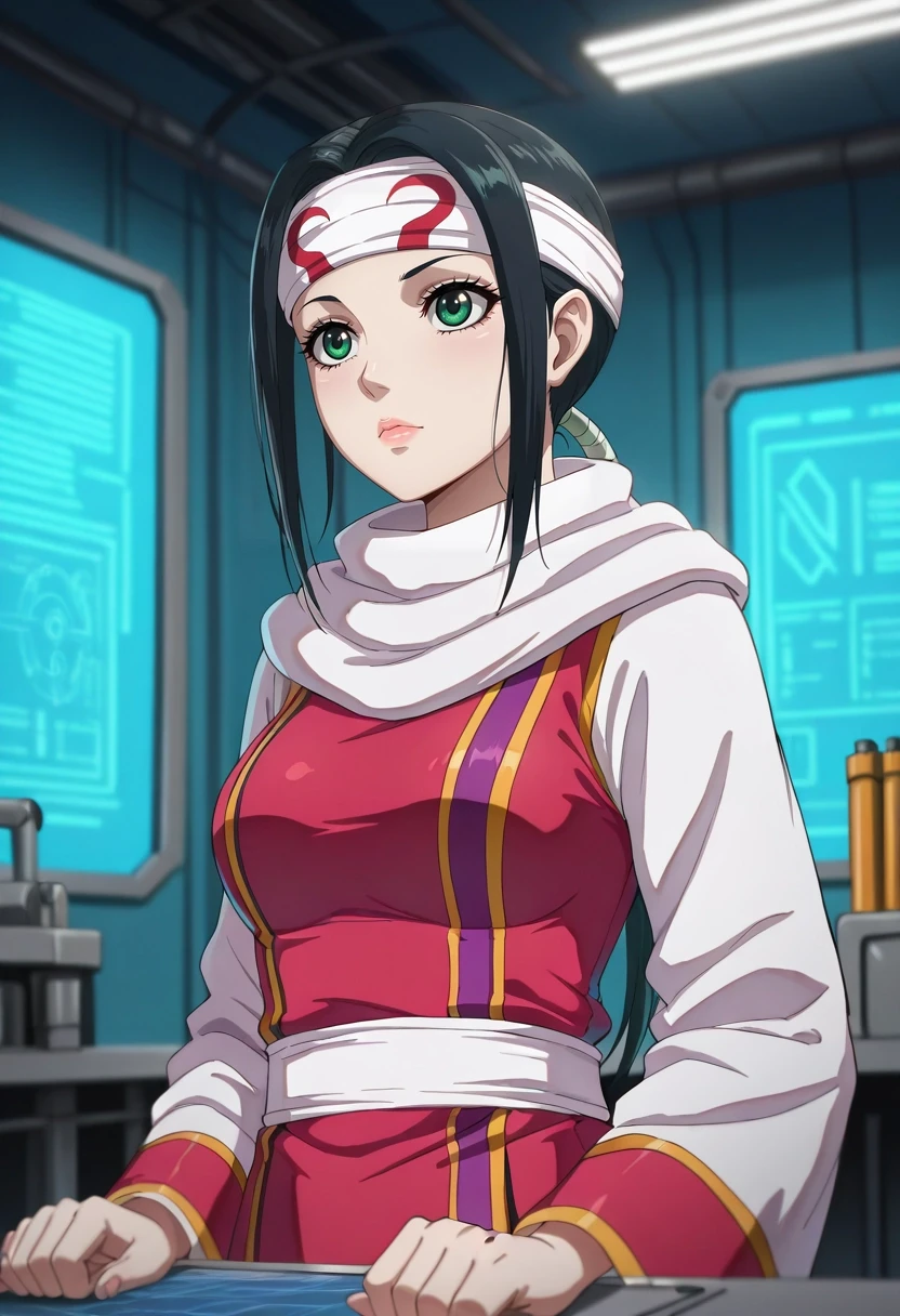 masterpiece, best quality, intricate details, , , depth of field, 1girl, solo, <lora:qiang_lei_ilxl:0.94>, qiang_lei, black hair, green eyes, long hair, low ponytail, headband, lips, , tech workshop, robot parts, tool benches, testing areas, building pose, focused expression, workshop lighting, pageant costume