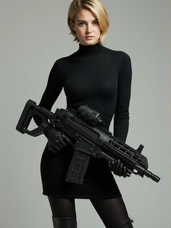 tris, a blond woman with short boycut  hairdo. She wears a black turtleneck dress and black leggings and military boots. She holds a cyberpunk machinegun <lora:Tris:0.9>