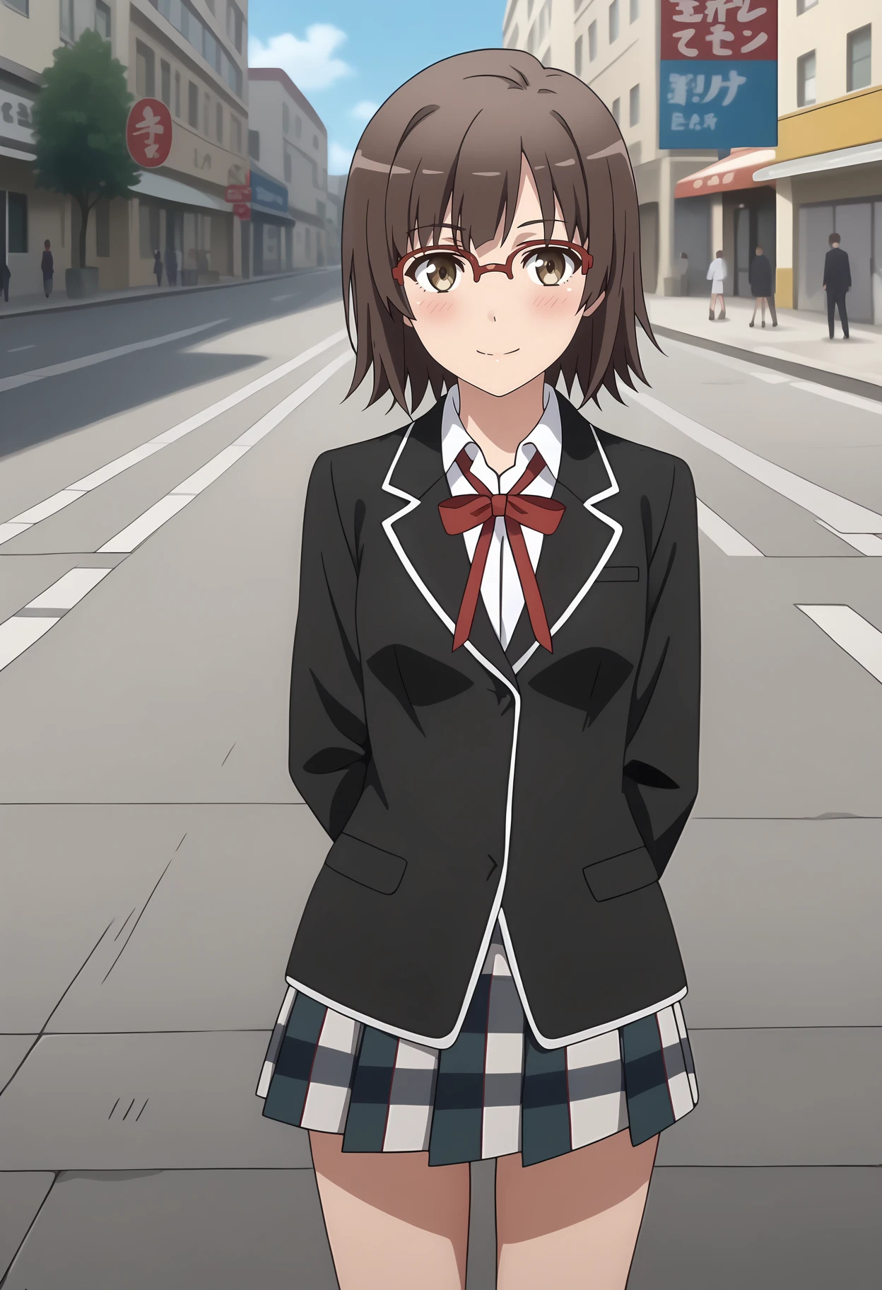 anime screencap,
<lora:YahariOreNoSeishunLoveComedy_EbinaHinaXL:0.9>,
1girl, solo, closed mouth, blush, light smile,
medium hair, brown hair, brown eyes, semi-rimless eyewear, red-framed eyewear,
EbinaHina, blazer, black jacket, collared shirt, white shirt, neck ribbon, red ribbon, long sleeves, plaid skirt, pleated skirt, multicolored skirt,
arms behind back, thigh gap, cowboy shot, standing, looking at viewer,
street, city, outdoors, blurry background