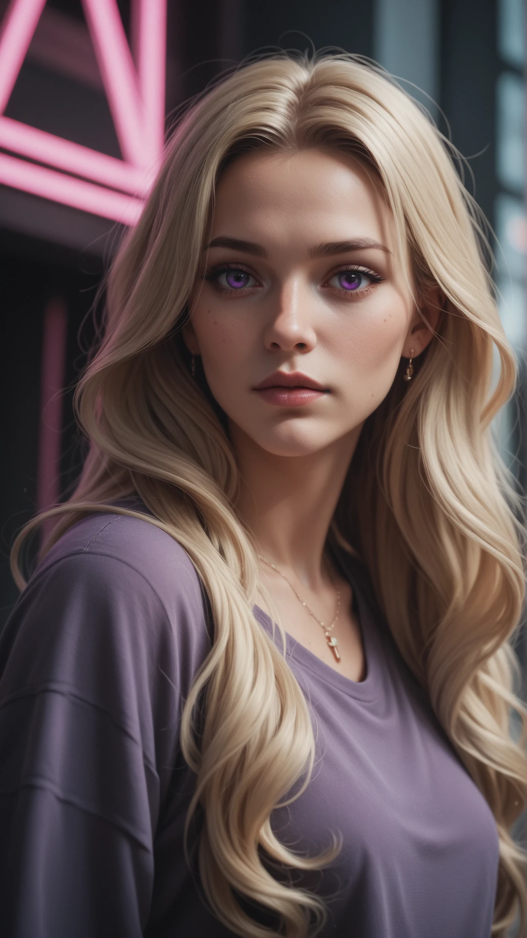 acore_9, score_8_up, score_7_up, score_6_up, score_5_up, score_4_up, a woman, blonde, long hair, portrait, purple neon grading,