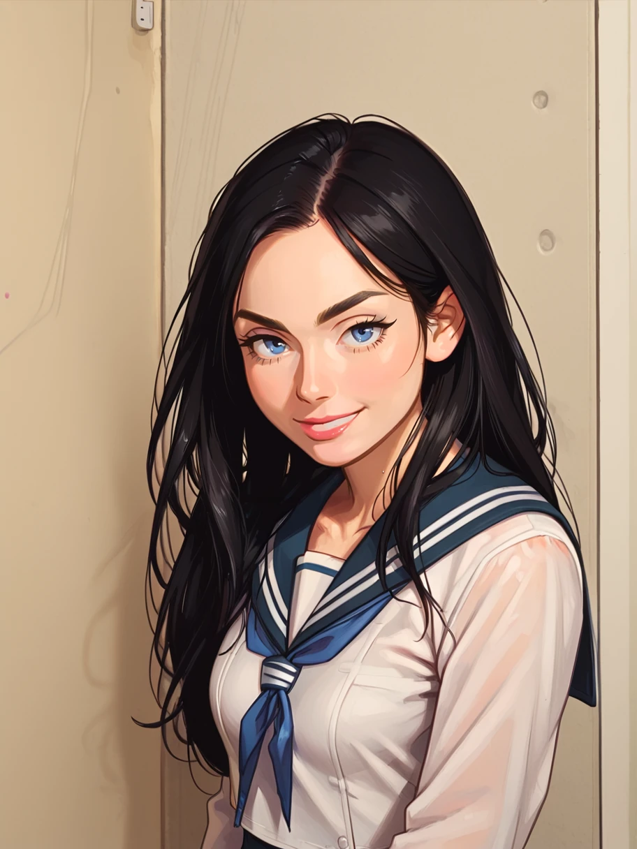 1girl, solo, looking at the viewer, demure, smirk
 <lora:Nikky_Dandelion:1> nikkydandelion, black hair, long hair, blue eyes, small breasts, sailor uniform,  longsleeve, 
<lora:raichiyo33XLP:.55> raichiyo33 <lora:bp4rtXLP:.55> <lora:Expressive_H:.65>âââ