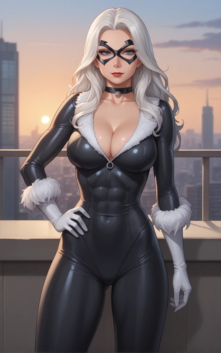score_9, score_8_up, score_7_up, BREAK
MARVEL_Felicia_BlackCat_ownwaifu, 
1girl, black mask, blue eyes, domino mask, long hair, narrow waist, pale skin, red lips, spiked collar, toned, white hair, choker, collarbone, lipstick, makeup, breasts, large breasts, jewelry,  
black bodysuit, fur-trimmed sleeves, fur trim, skin tight, white gloves, spikes, superhero, bodysuit, black choker, collar, cleavage, gloves, elbow gloves, long sleeves, covered navel, 
(contrapposto, hand on hip), sunset, sidelighting, cityscape, vanishing point, outdoors, <lora:PONYXL_MARVEL_Felicia_BlackCat_ownwaifu:1> , depth of field, solo,