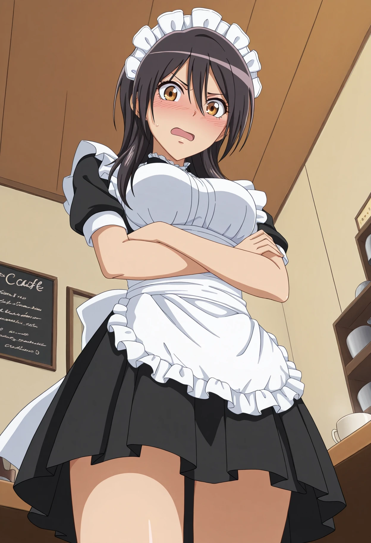 masterpiece, best quality, 1girl, solo,
<lora:Misaki_Ayuzawa_Kaichou_wa_Maid-sama_IL_V1:1>, KJOmisaki, black hair, brown eyes, long hair, hair between eyes, 
maid, maid headdress, maid apron, short sleeves, pleated skirt, 
embarrassed, crossed arms, looking at viewer, blush, open mouth, from below, dutch angle, 
cafe,
(Beautiful, medium Breasts:1.2),