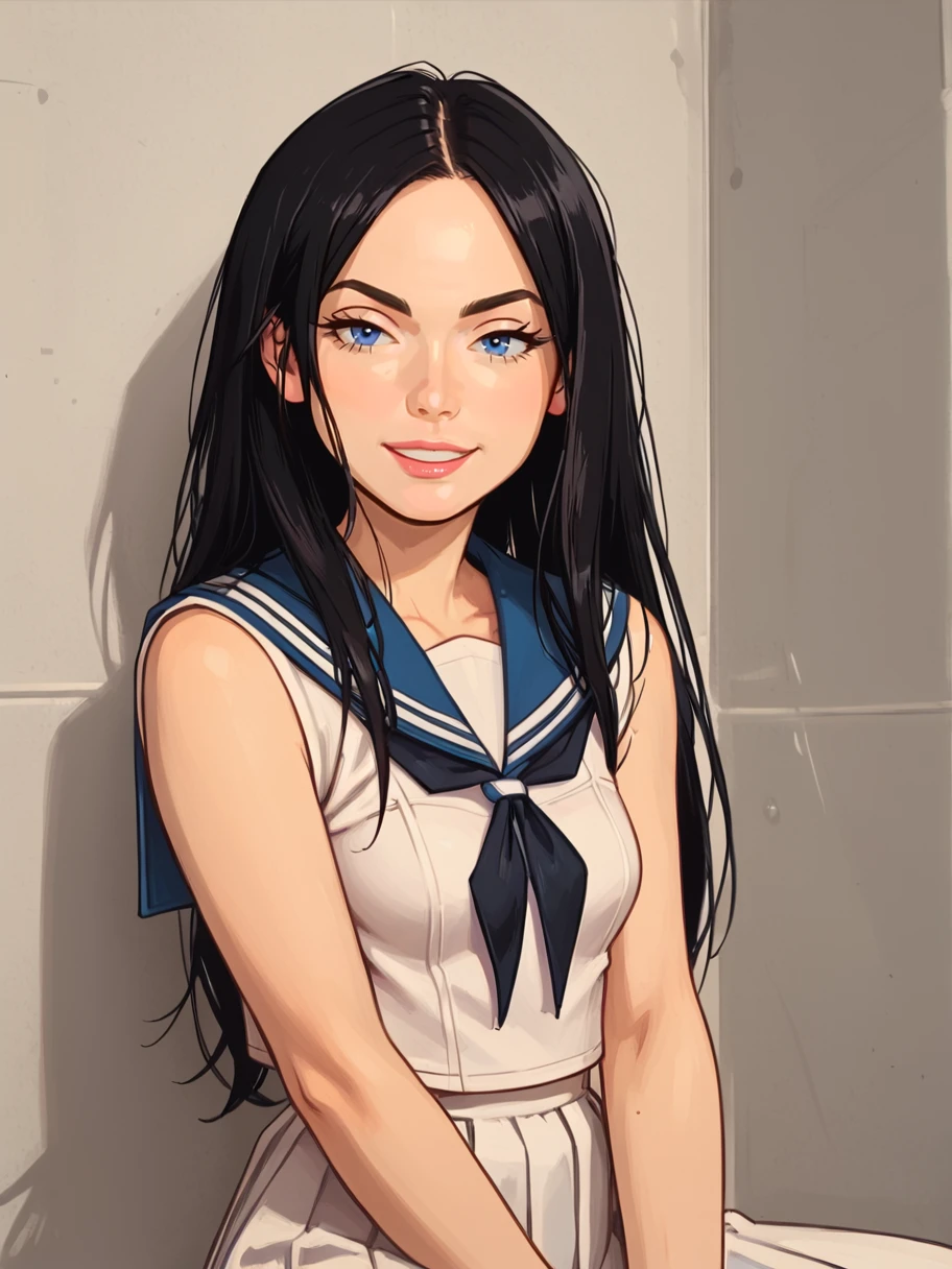 1girl, solo, looking at the viewer, demure, smirk
 <lora:Nikky_Dandelion:1> nikkydandelion, black hair, long hair, blue eyes, small breasts, sailor uniform, 
<lora:raichiyo33XLP:.55> raichiyo33 <lora:bp4rtXLP:.55> <lora:Expressive_H:.65>âââ