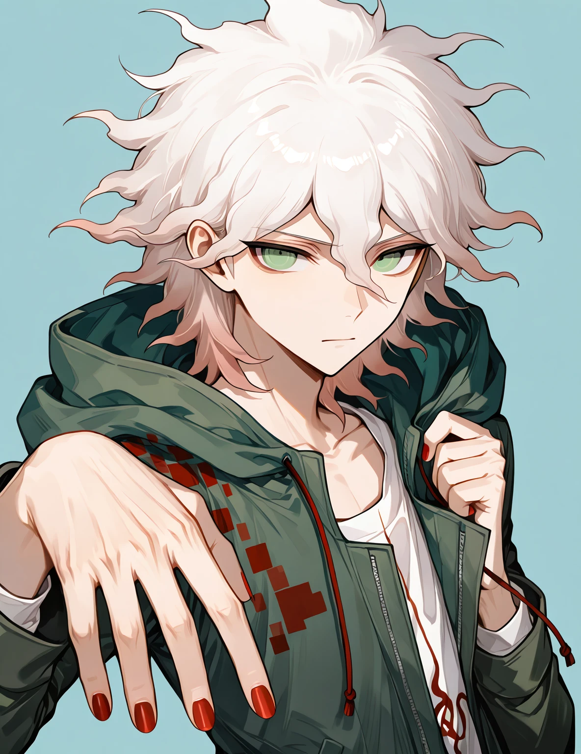 nagito_komaeda,white hair,green eyes, short hair, green hood,
solo, 1boy, red nails, serious expression,green jacket