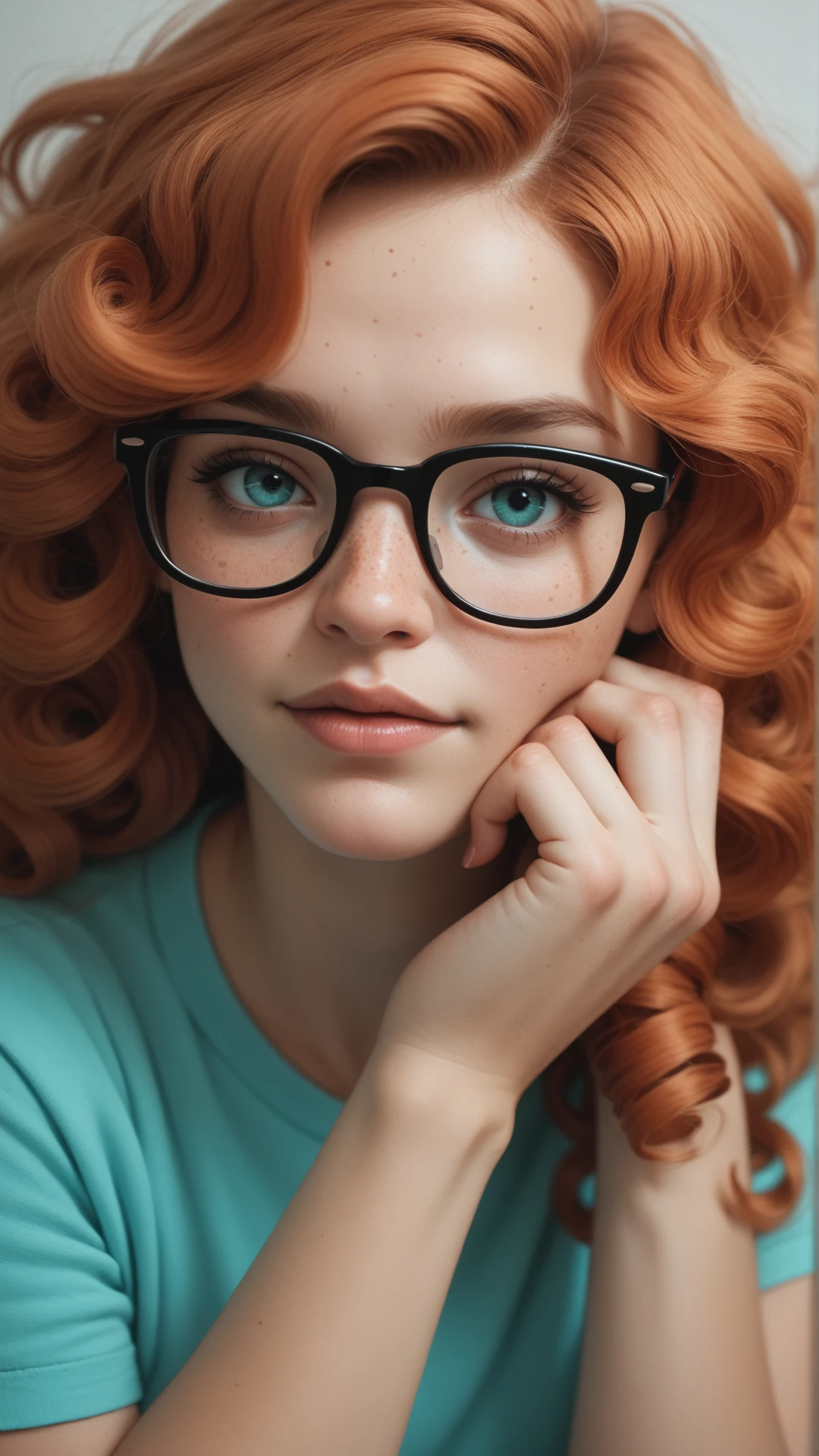 acore_9, score_8_up, score_7_up, score_6_up, score_5_up, score_4_up, a woman, copper hair, curls, glasses, nerdy, hand on chin, long hair, portrait, turquoise neon grading, looking at viewer, cheeky