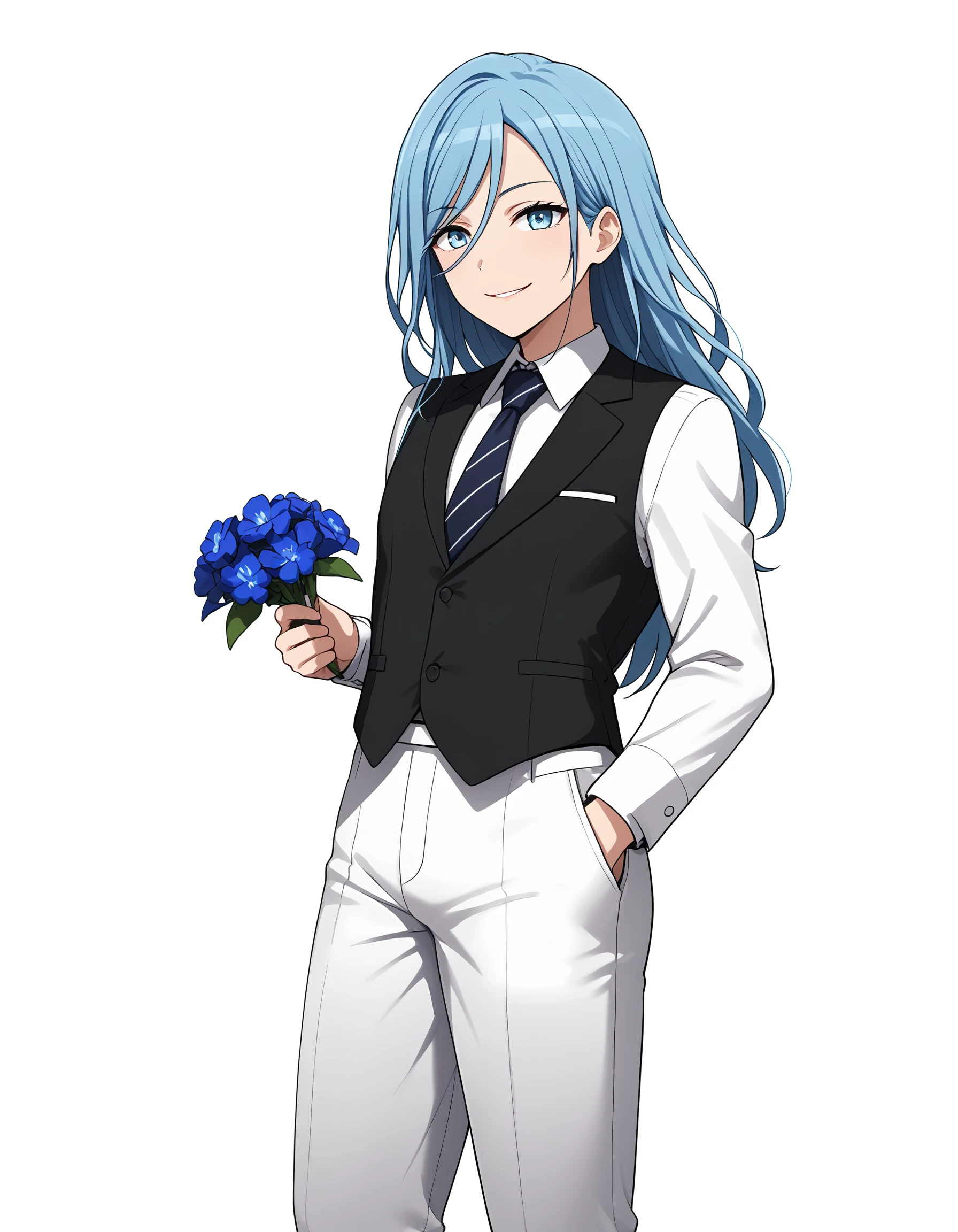 (masterpiece), best quality, expressive eyes, perfect face, necktie, pants, formal, looking at viewer, white background, suit, white pants, flower, simple background, smile, vest, standing, shizuku_h, <lora:5124297e-fbfe-4562-b62c-a05c906ee220:0.7>