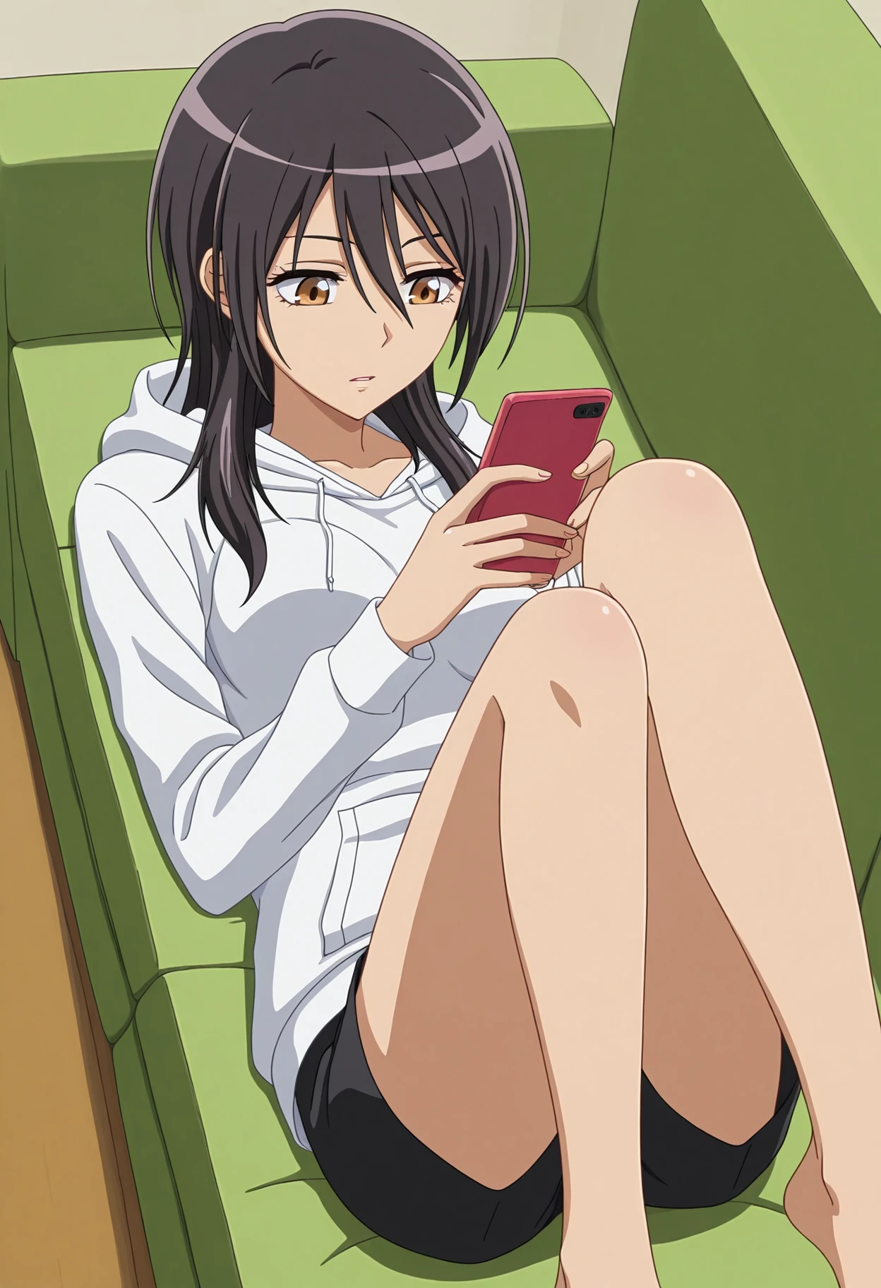 masterpiece, best quality, 1girl, solo,
<lora:Misaki_Ayuzawa_Kaichou_wa_Maid-sama_IL_V1:1>, KJOmisaki, black hair, brown eyes, long hair, hair between eyes, 
hoodie, black shorts, barefoot, 
on back, couch, holding phone, expressionless, parted lips, looking down, from above, 
living room, 
(Beautiful, medium Breasts:1.2),