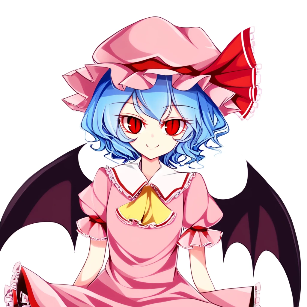 masterpiece, ascot, bat wings, Panty shot, shirt lift, butt, blue hair, dress, frills, hat, hat ribbon, mob cap, pink dress, puffy sleeves, red ascot, red eyes, red sash, remilia scarlet, ribbon, sash, short hair, short sleeves, white dress, wings, wrist cuffs,<lora:kameremi3:0.4>