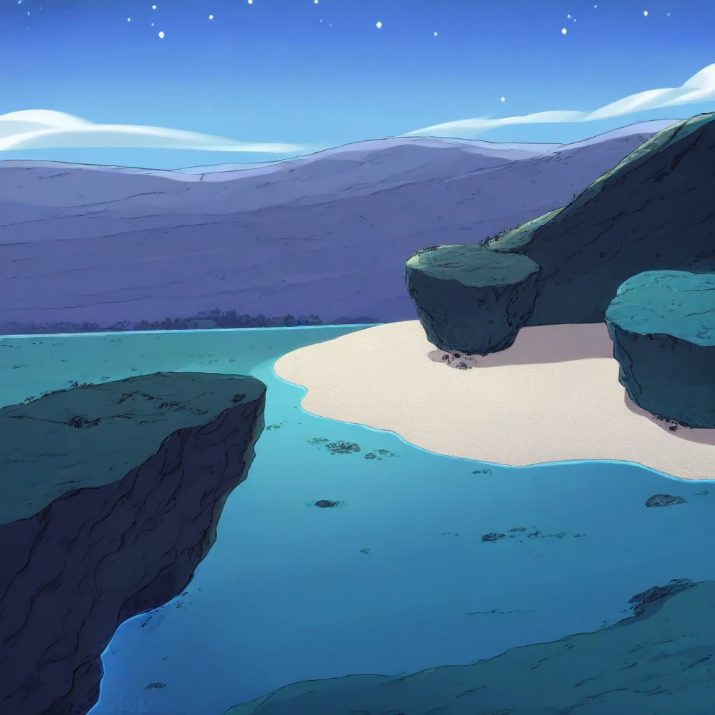 building, blue sky, cloud, bush, ground, water, no humans, scenery, galaxy, moss, mountain, sand