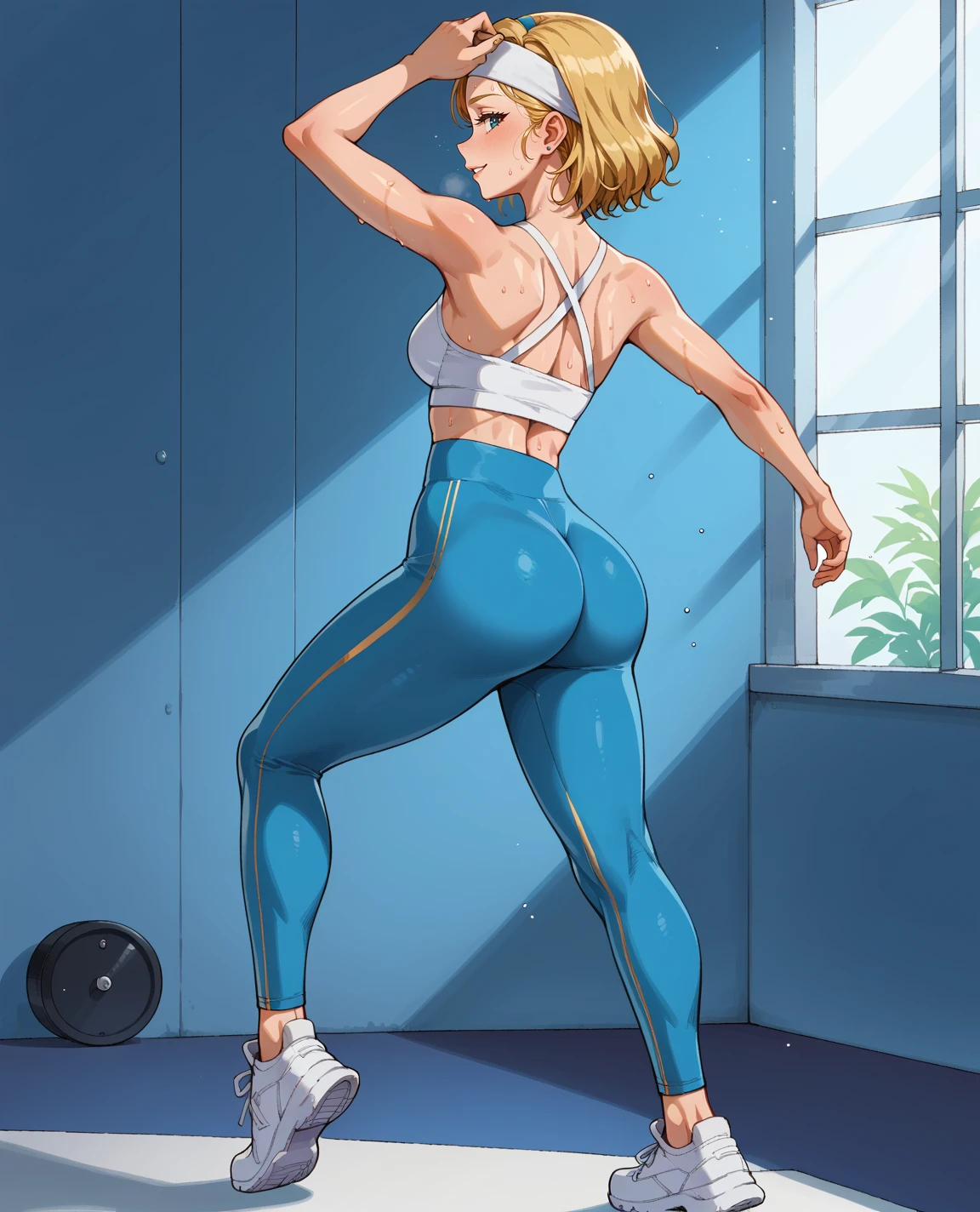 score_9, score_8_up, score_7_up, BREAK,smile,parted lips,
edgLeggn, 1girl, solo,standing, embroidery, white footwear, blonde,headband,sweat,dancing ,wearing edgLeggn_leggings,sportswear, tight yoga pants, ass, sneakers,from behind,
<lora:edgGoodAssWorkoutPNY:1>