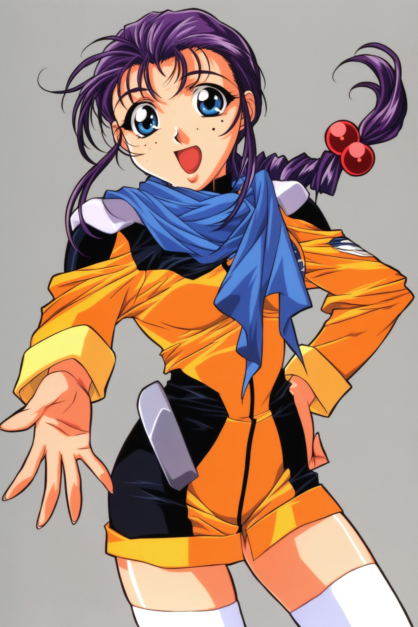 1girl,solo,uniform,freckles,thighhighs,blue eyes,braid,hair bobbles,open mouth,hair ornament,long hair,white thighhighs,long sleeves,1990s \(style\),simple background,looking at viewer,purple hair,scarf,hand on own hip,
<lora:Keiji Gotoh_illustriousXL:0.8>,