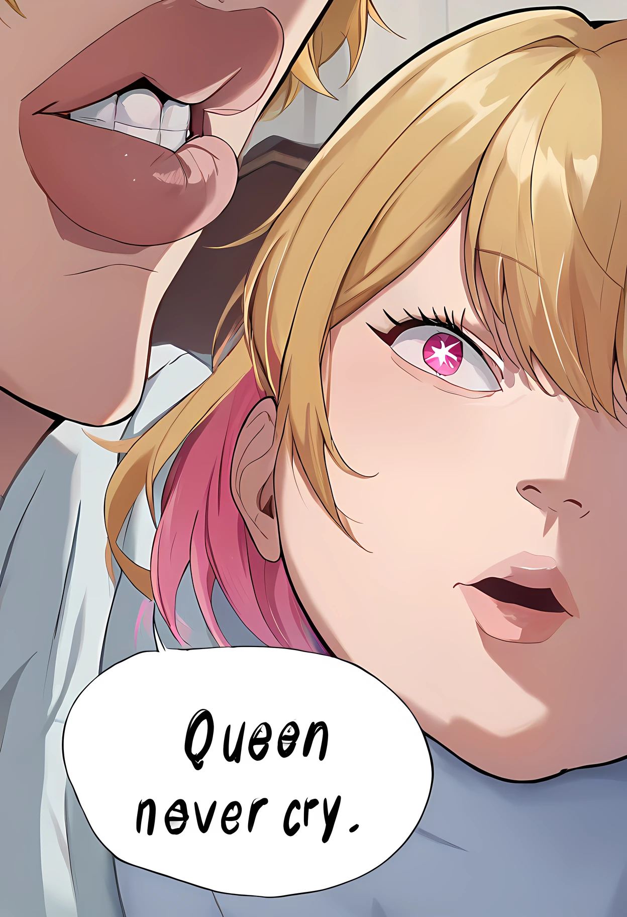 score_9, score_8_up, score_7_up, queen never cry, face out of frame, ruby hoshino, long hair, bangs, blonde hair, pink eyes, sidelocks, symbol-shaped pupils, multicolored hair, two-tone hair, speech bubble "Queen Never Cry", text speech, text" Queen Never Cry" <lora:Queen_Never_Cry_-_Baby_wont_cry:1> <lora:brj-ruby-pony-v0.5:1>