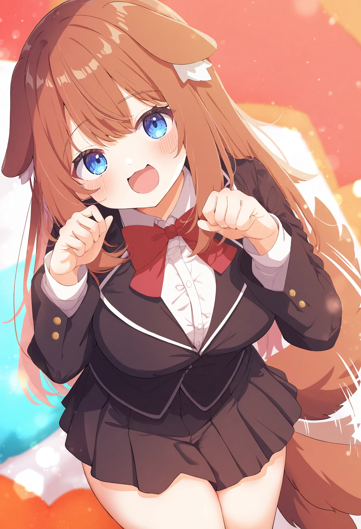 1girl,
solo, dog girl, tail wagging, dog ears, brown hair, shirt, breasts, large breasts, long sleeves, paw pose, pleated skirt, black jacket, blazer, open mouth, red bowtie, thighs, skirt, jacket, :d, collared shirt, dog tail, animal ears, long hair, bow, school uniform, :3, blush, smile, black skirt, white shirt, looking at viewer, animal ear fluff, bowtie, cowboy shot, red bow, miniskirt, tail, blue eye,
masterpiece, best quality, newest, highres, absurdres
<lora:Siro9_noobesp11_4-000015:1>