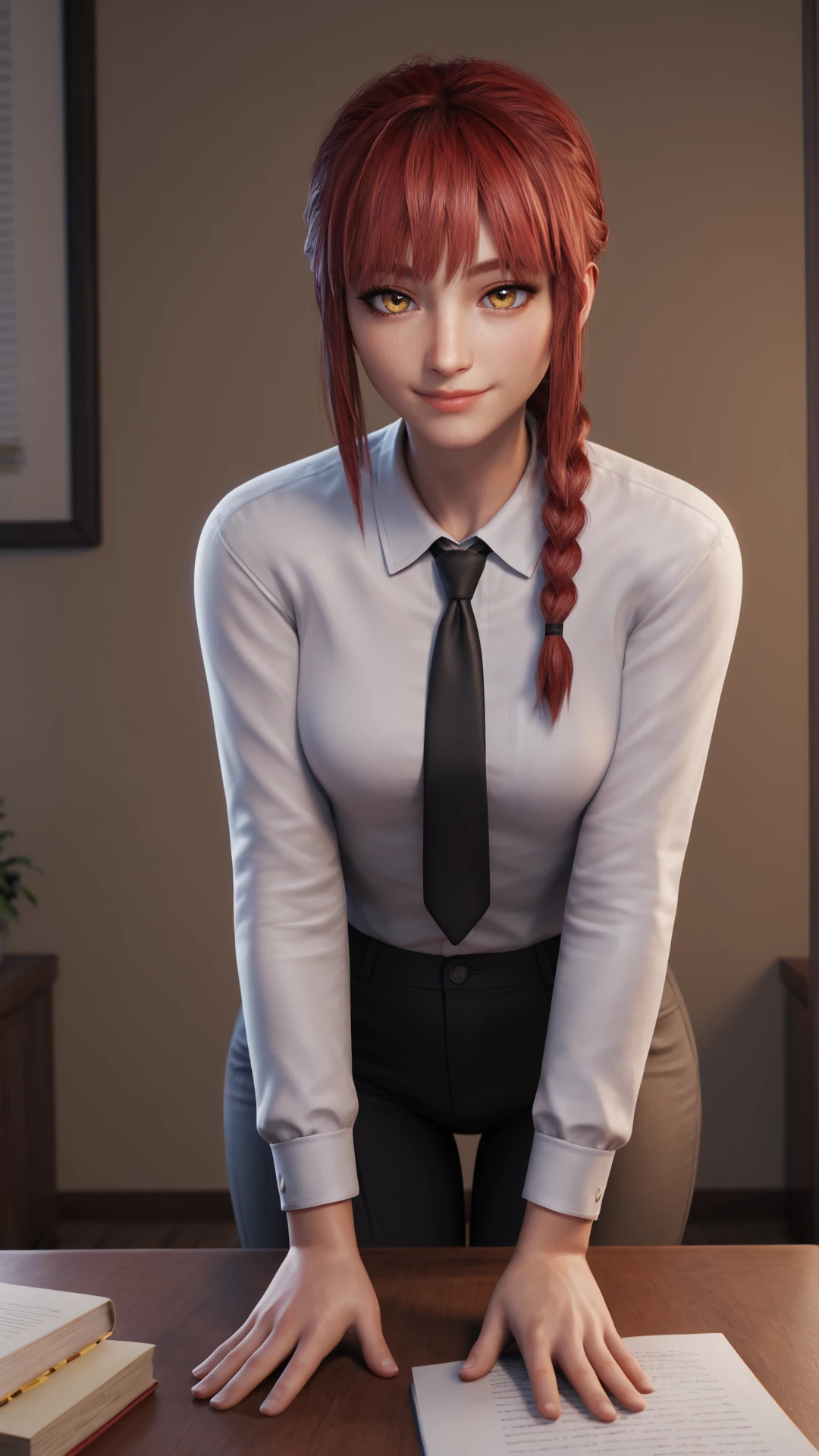 score_9, score_8_up, score_7_up, score_6_up, melkor_style, masterpiece, high quality
beautiful face, gorgeous face, , perfect eyes, masterpiece, high detail, detailed eyes, uncensored, detailed eyes,
joy , smile, mouth closed
office office background, solo
1girl, red hair, ringed eyes, braided ponytail, yellow eyes, bangs, sidelocks,
white jacket,  black necktie, , black pants,
posing, eyes at viewer, front view,
<lora:makima:0.5>, <lora:csmakima:0.9>, csmakima,