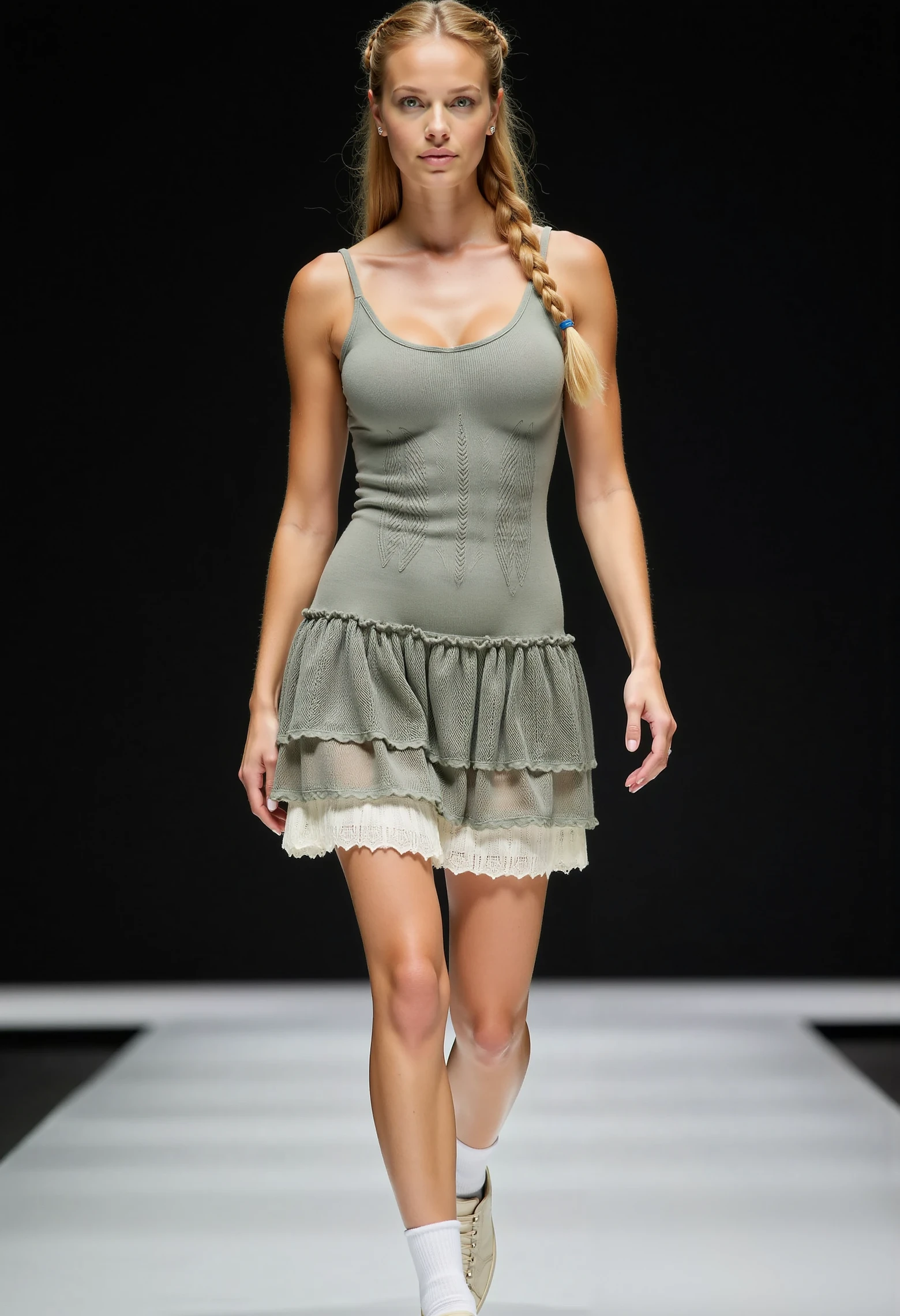 full body shot, beautiful woman, blond braided ponytail, medium round breasts, clo025, wearing a sage-green knit dress with intricate geometric patterns on the bodice and a tiered, ruffled skirt, soft and lightweight texture emphasized, styled with sneakers and white socks, walking on a catwalk, spotlight at her