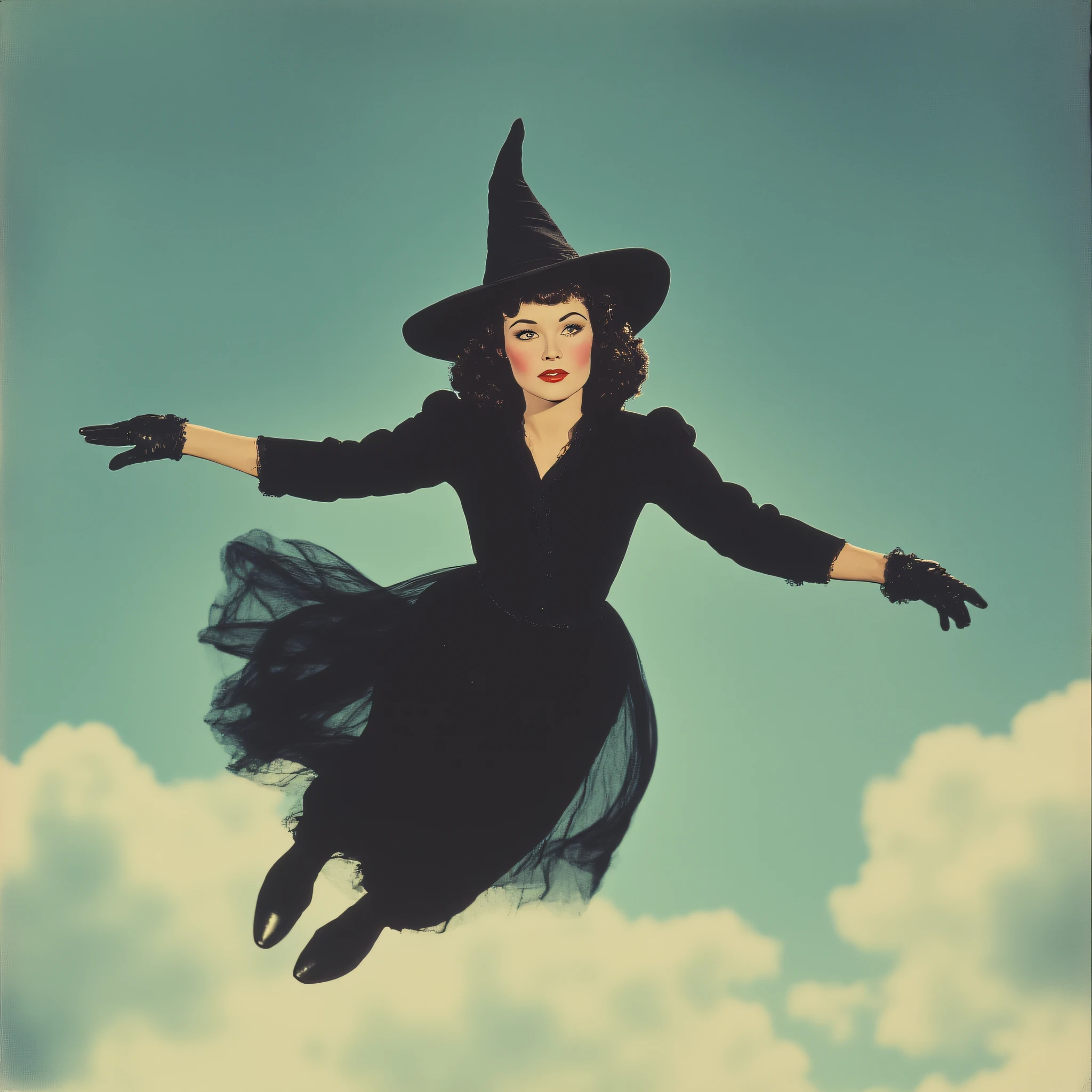 ArsMovieStill, movie still from a 1930s technicolor movie, The image shows a woman in a black dress and hat flying through the air against a backdrop of a sky with clouds., 1girl, solo, hat, witch hat, black hair, witch, dress, black dress, sky, cloud