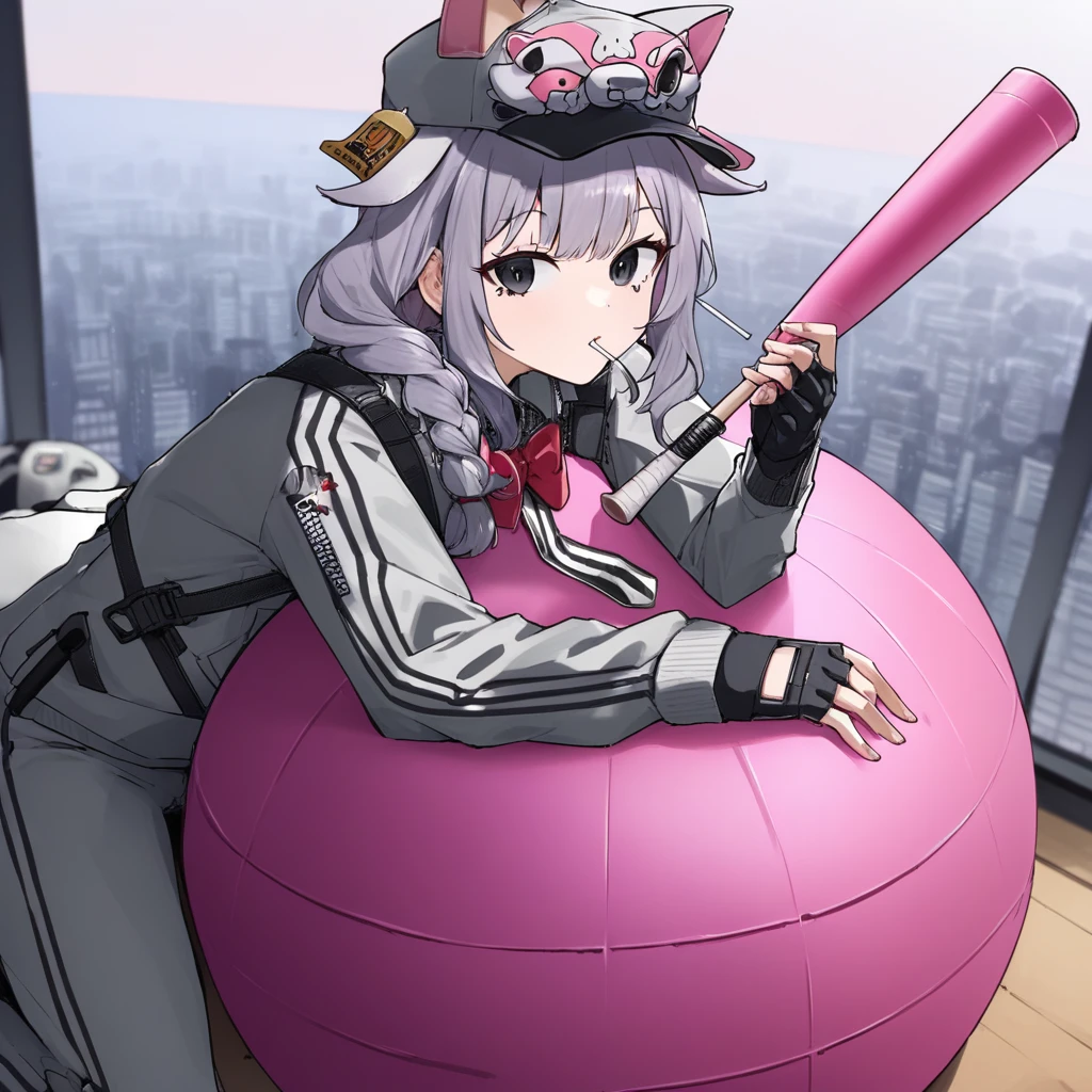 koseki bijou, exercise ball, holding lollipop, grey jacket, gift, flaming sword, incoming attack, single braid, megaphone, spread anus, arm rest, zipper, two-tone eyes, depth of field, cow girl, black eyes, necktie, athletic leotard, dog girl, object on head, sitting on object, track pants, pink socks, tactical clothes, nintendo switch, red bow, puff of air, brown socks, cityscape, military uniform, holding baseball bat, fingerless gloves, single gauntlet, d:, frilled headwear, fox mask, harness