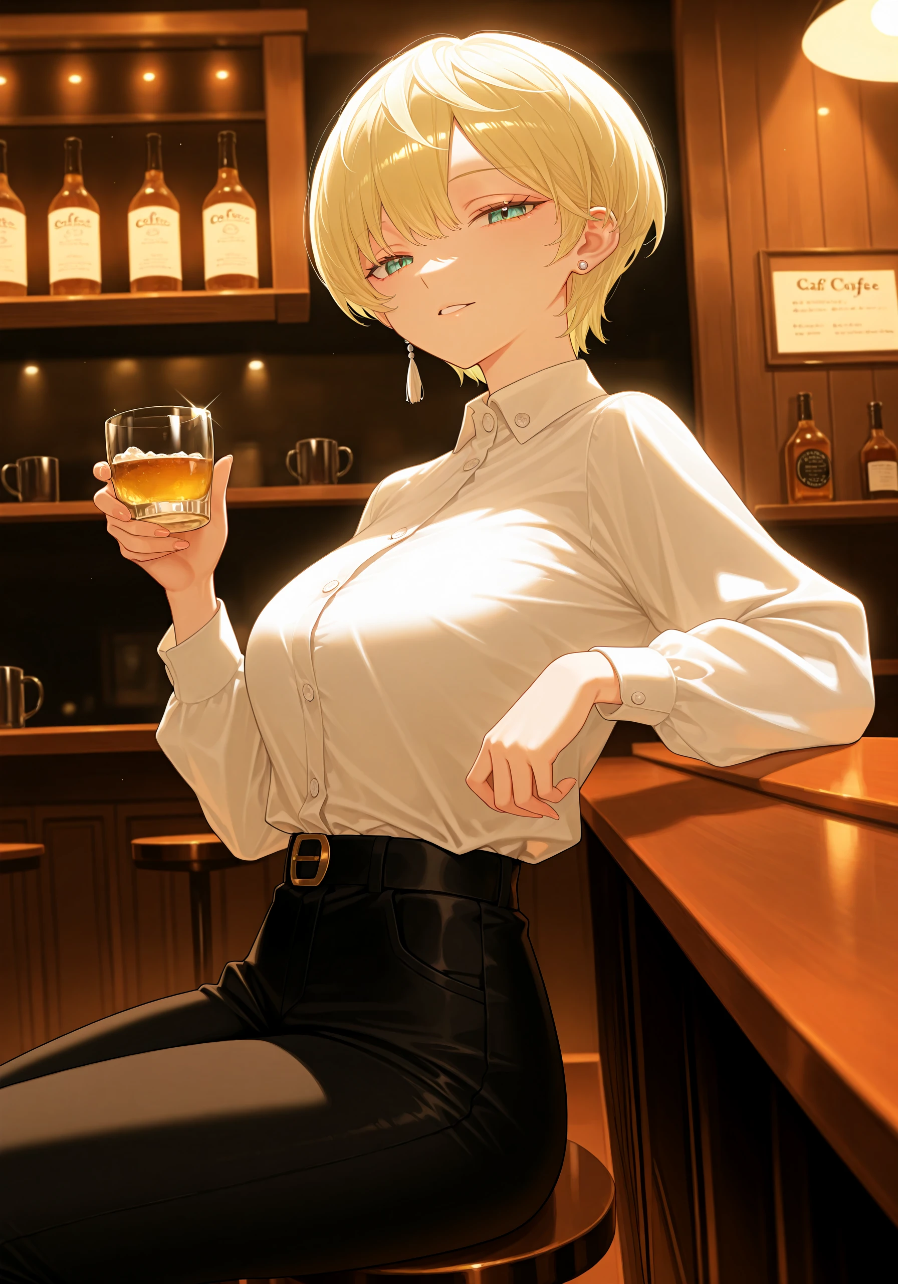 1girl, <lora:tenka45:1>, tenkzumo, earring, white button shirt, black short pants, looking at viewer, 
volumetric lighting, cafe background, warm lighting, sitting at bar, holding shot of alcohol,
high resolution, ultra-detailed, absurdres, masterpiece, best quality, good quality, newest