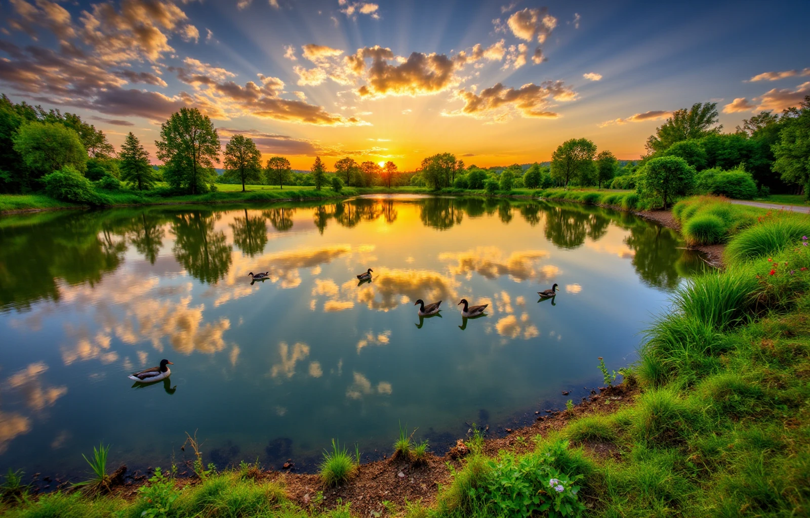 <lora:HDR_Photography:0.8> hdr photography, realistic. a nature scenery with a lake, sunset, reflexion, flowers and ducks