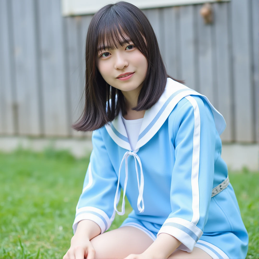 SHOGENJI, The image is a portrait of a young Asian girl sitting on the grass. She is wearing a blue sailor outfit with white stripes and a white collar. She has shoulder-length dark hair with bangs and is looking directly at the camera with a slight smile on her face. Her hands are resting on her knees. The background is blurred, but it appears to be an outdoor setting with a wooden fence and a window. The overall mood of the image is relaxed and casual. Natural lighting, Soft cool tones, Amateur photography, 