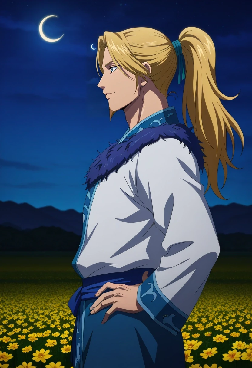 masterpiece, best quality, intricate details, anime screencap, , official style, , , 1boy, solo, male focus, <lora:li_mu_ilxl:1>, li_mu, blonde hair, blue eyes, long hair, ponytail, facial hair, goatee, profile, flower field, flowers, night, crescent moon, hand on hip, light smile,
