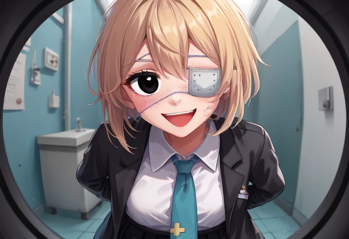 score_9,score_8_up,score_7_up,score_6_up,score_5_up,score_4_up,source_anime,<lora:POV_peephole_concept_ponyXL:1>,pov_peephole,<lora:lora_eyes_V2_ponyxl:0.7>,perfect eyes,arms behind back,black eyes,black jacket,black skirt,blue necktie,blush,collared shirt,cowboy shot,eyepatch,jacket,lapels,long sleeves,looking at viewer,medical eyepatch,necktie,notched lapels,open mouth,pleated skirt,shirt,skirt,smile,solo,white shirt,