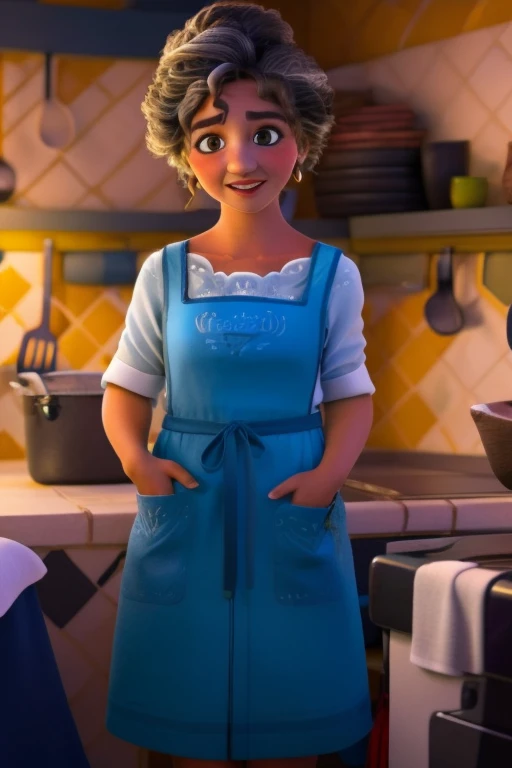 Julieta cocking arepas.
Julieta,1girl,tanned skin,curly black and gray hair tied in a bun,hazel eyes,blue dress with a blue kitchen apron,brown flat shoes,gold earrings