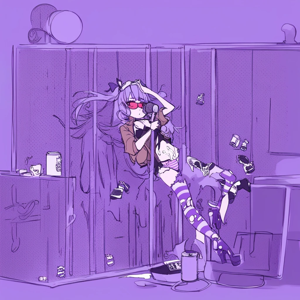 koseki bijou, purple theme, prison clothes, striped panties, playing instrument, computer, brown jacket, holding microphone, jar, heart in eye, platform footwear, two side up, torn thighhighs, underwear, jumping, mismatched legwear, red-tinted eyewear, hands on own head, short shorts, on back, stuffed animal, polka dot, high heels, two-tone bikini, torn dress, cum on stomach, unconventional maid, goggles, handgun, can, underbutt, gusset, covered nipples, black bikini, knee up, sketch, half-closed eye