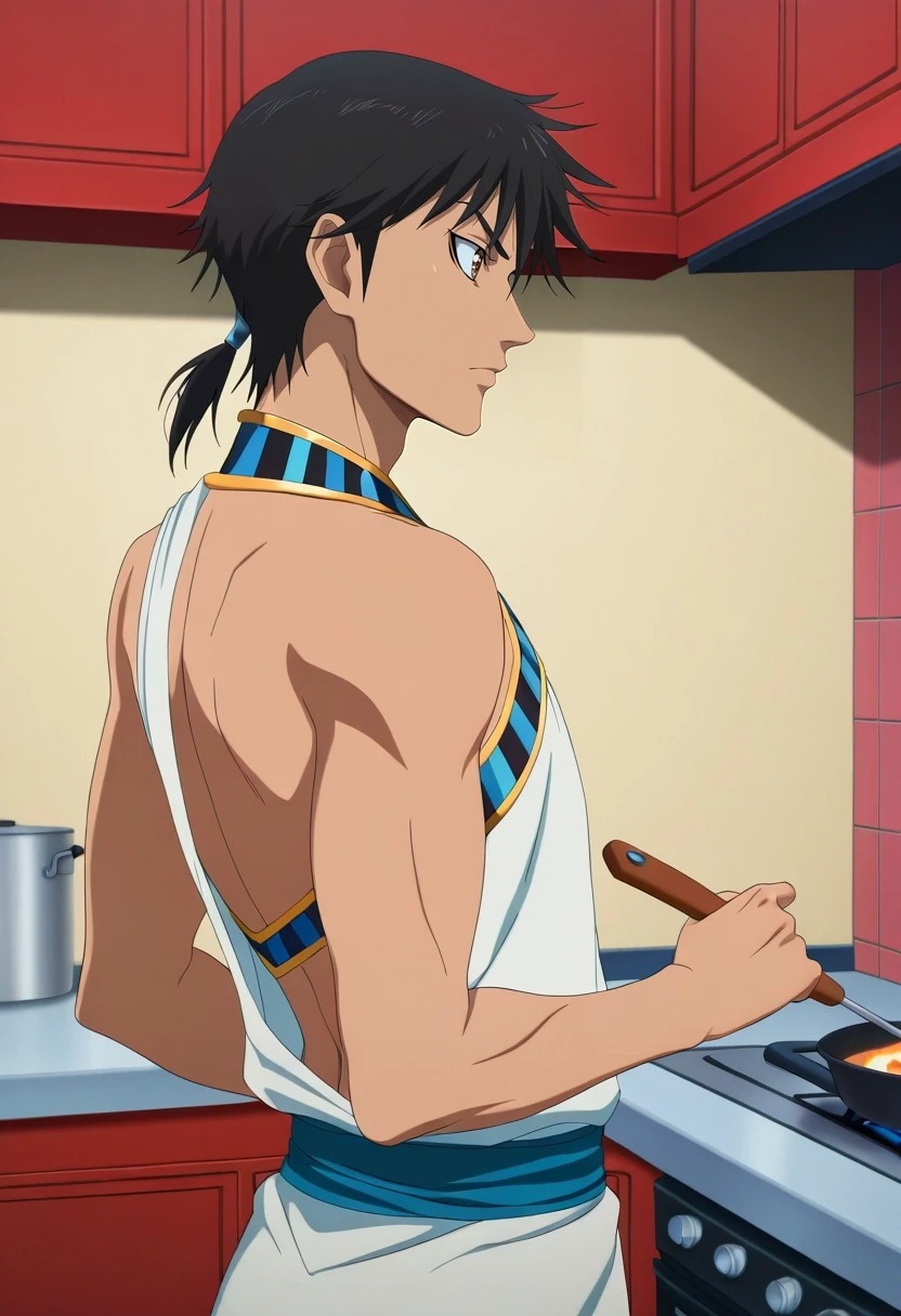 masterpiece, best quality, intricate details, anime screencap, anime coloring, official style, , , 1boy, solo, male focus, <lora:xin_kingdom_ilxl:0.98>, xin_kingdom, black hair, brown eyes, short hair, low ponytail, , , profile, kitchen, cooking, noon, twisted torso, sparkling eyes, egyptian costume
