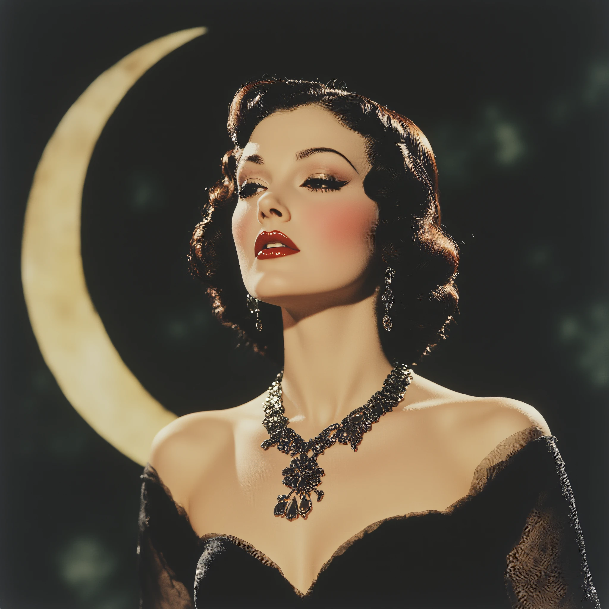 ArsMovieStill, movie still from a 1930s technicolor movie, The image shows a woman in a black dress with a necklace and earrings standing in front of a crescent moon., 1girl, jewelry, closed eyes, solo, necklace, moon, black hair, makeup, earrings, lipstick