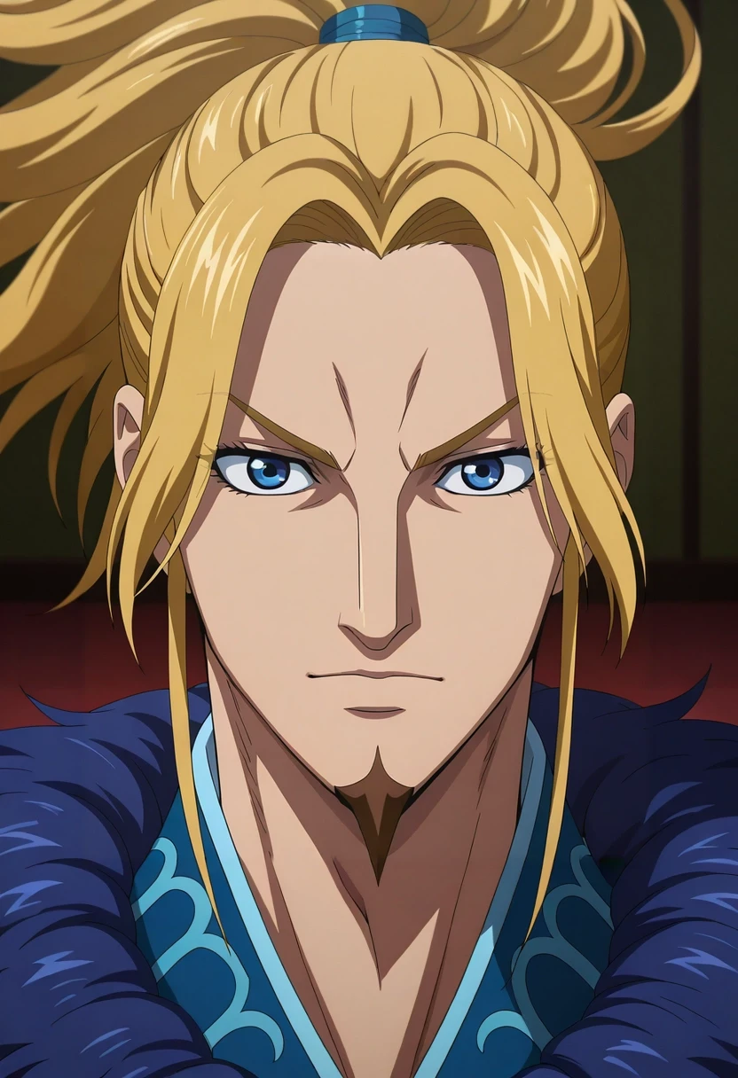 masterpiece, best quality, intricate details, anime screencap, anime coloring, official style, looking at viewer, , 1boy, solo, male focus, <lora:li_mu_ilxl:0.98>, li_mu, blonde hair, blue eyes, long hair, ponytail, facial hair, goatee, ,