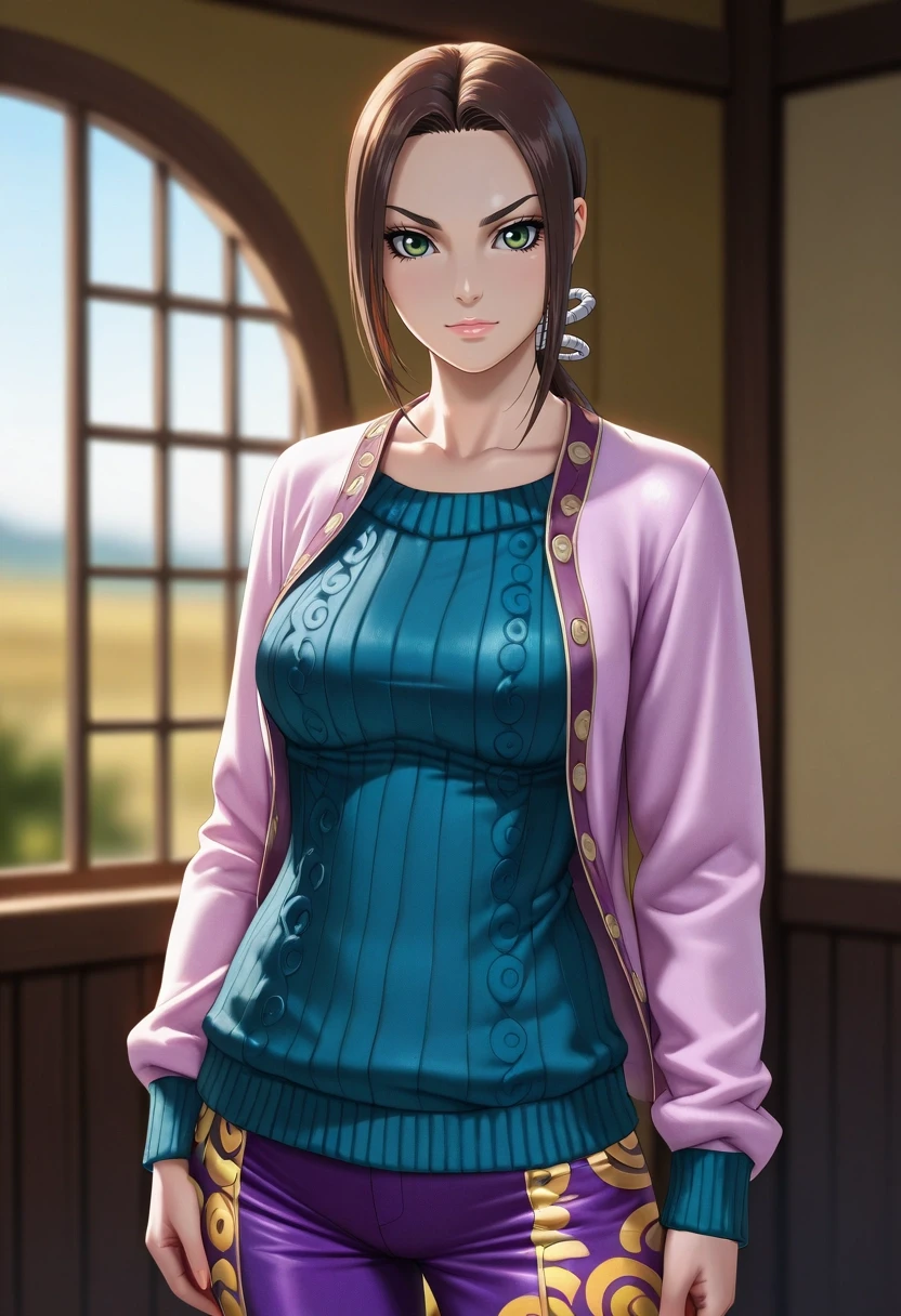 masterpiece, best quality, intricate details, (photorealistic:0.6), looking at viewer, depth of field, 1girl, solo, <lora:kaine_kingdom_ilxl:1>, kaine_kingdom, brown hair, green eyes, long hair, low ponytail, , Batik Lavender Convertible pants, Cardigan sweater, , ,