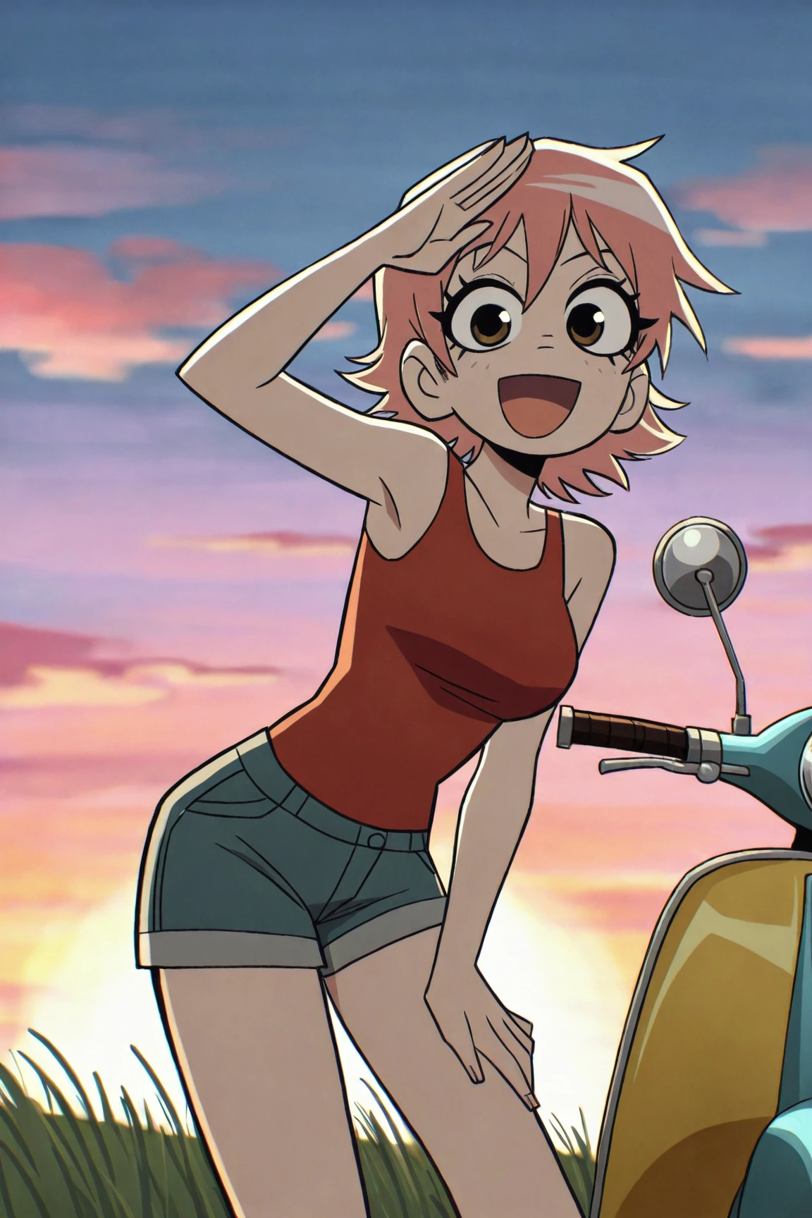 masterpiece, best quality,  absurdres, highres, cinematic light, 1girl,  <lora:Scott_Pilgrim_Takes_Off_style-Illustrious:1> scott_pilgrim_style, blurry edges, film, haruhara haruko, flcl, tank top, short shorts, salute, gradient sky, sunset, clouds, wind, grass, outdoors, street, salute, leaning forward, looking at viewer, smile, :d, motor vehicle, scooter, yellow vespa, cowboy shot,