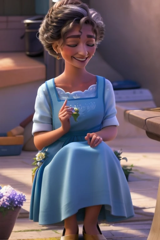 Juliet crouches in a blue field while holding a blue flower and smelling it while smiling with her eyes closed
Julieta,1girl,tanned skin,curly black and gray hair tied in a bun,hazel eyes,blue dress with a blue kitchen apron,brown flat shoes,gold earrings