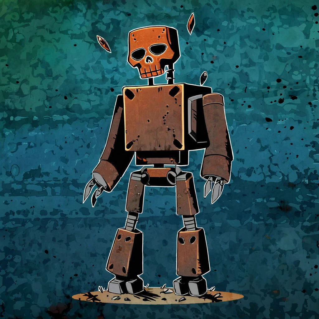 rusty robot, full body, smiling skull