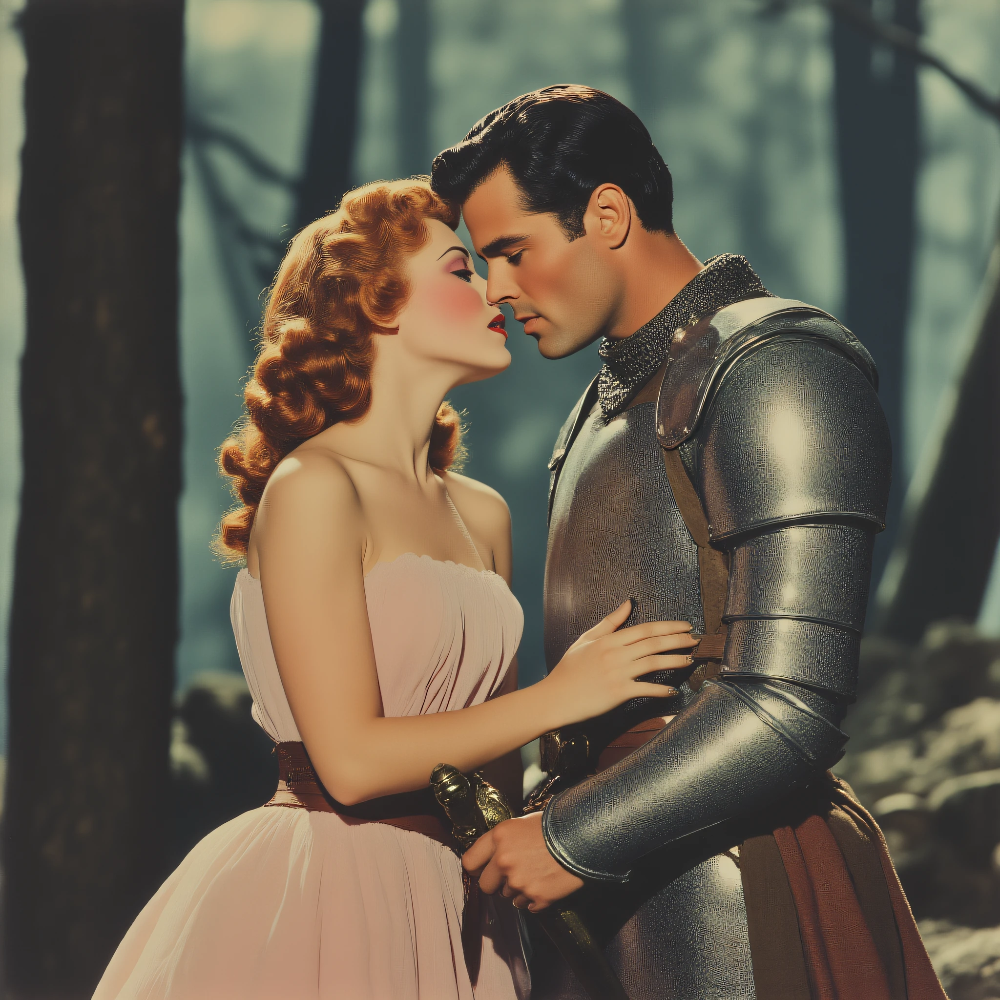 ArsMovieStill, movie still from a 1930s technicolor movie, The image shows a man and woman in armor embracing and kissing in front of a backdrop of trees. The man is holding a sword in his hand suggesting a romantic moment between the two., 1girl, armor, weapon, sword, 1boy, holding, holding weapon, black hair, holding sword, hetero